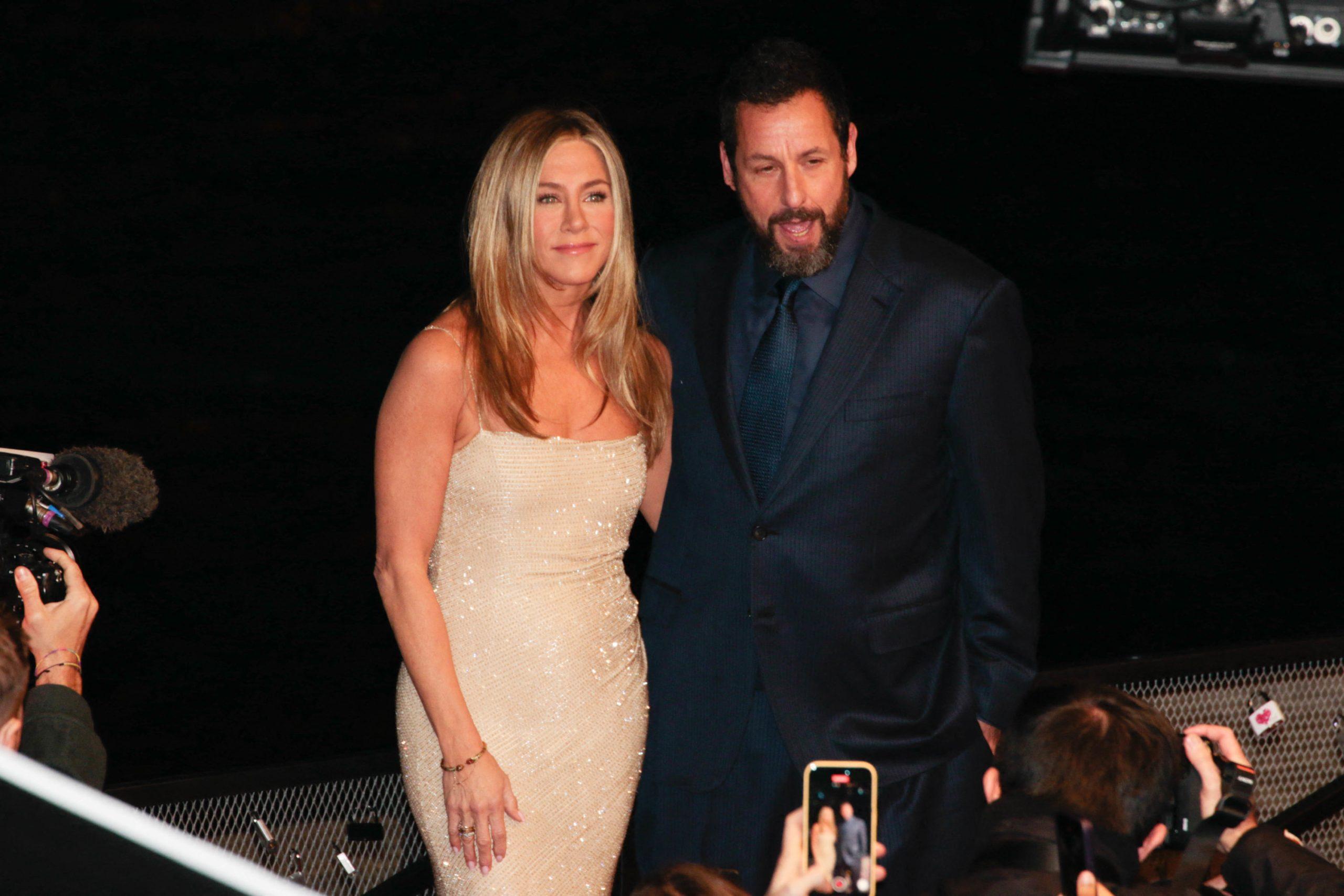 Jennifer Aniston and Adam Sandler arriving at the red carpet of Mystery Murder 2 in Paris