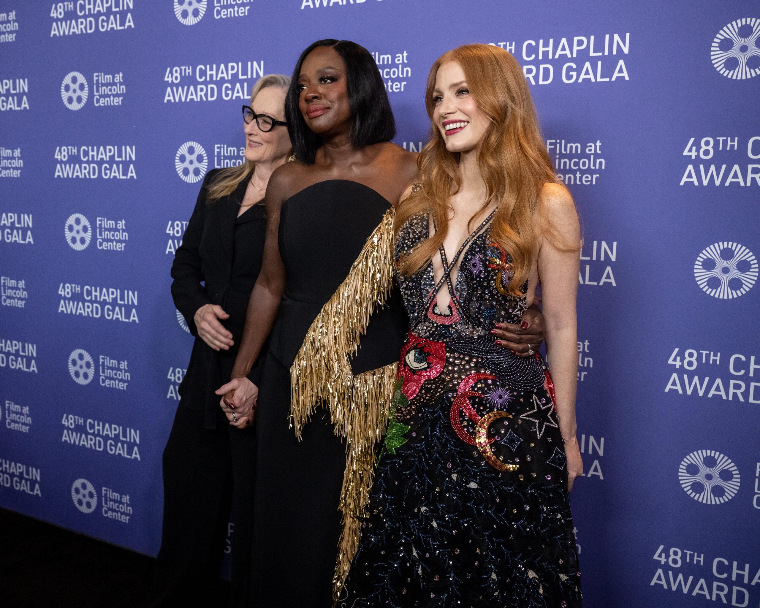 Meryl Streep, Viola Davis, and Jessica Chastain arrive on the red carpet at the 48th Chaplin Award Gala honoring Viola Davis at Alice Tully Hall, Lincoln Center in New York City on Monday, April 24, 2023