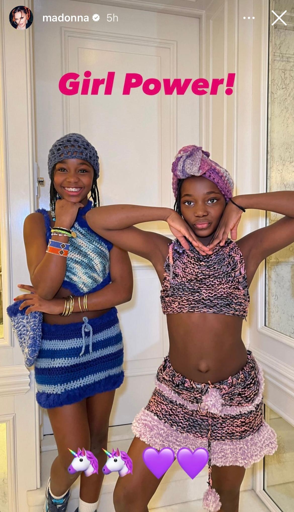 Madonna's twin daughters Estere and Stella look grown as they flaunt crotchet skills