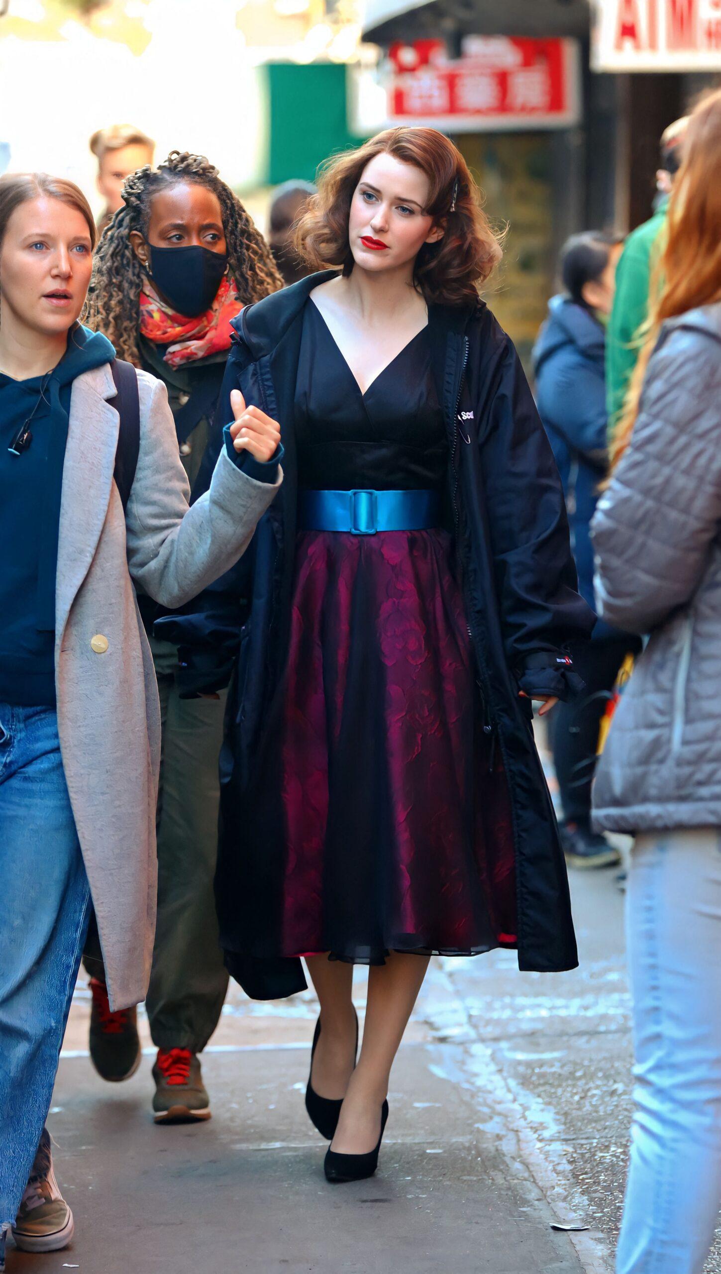 Rachel Brosnahan seen on the set of The Marvelous Mrs Maisel in Chinatown.