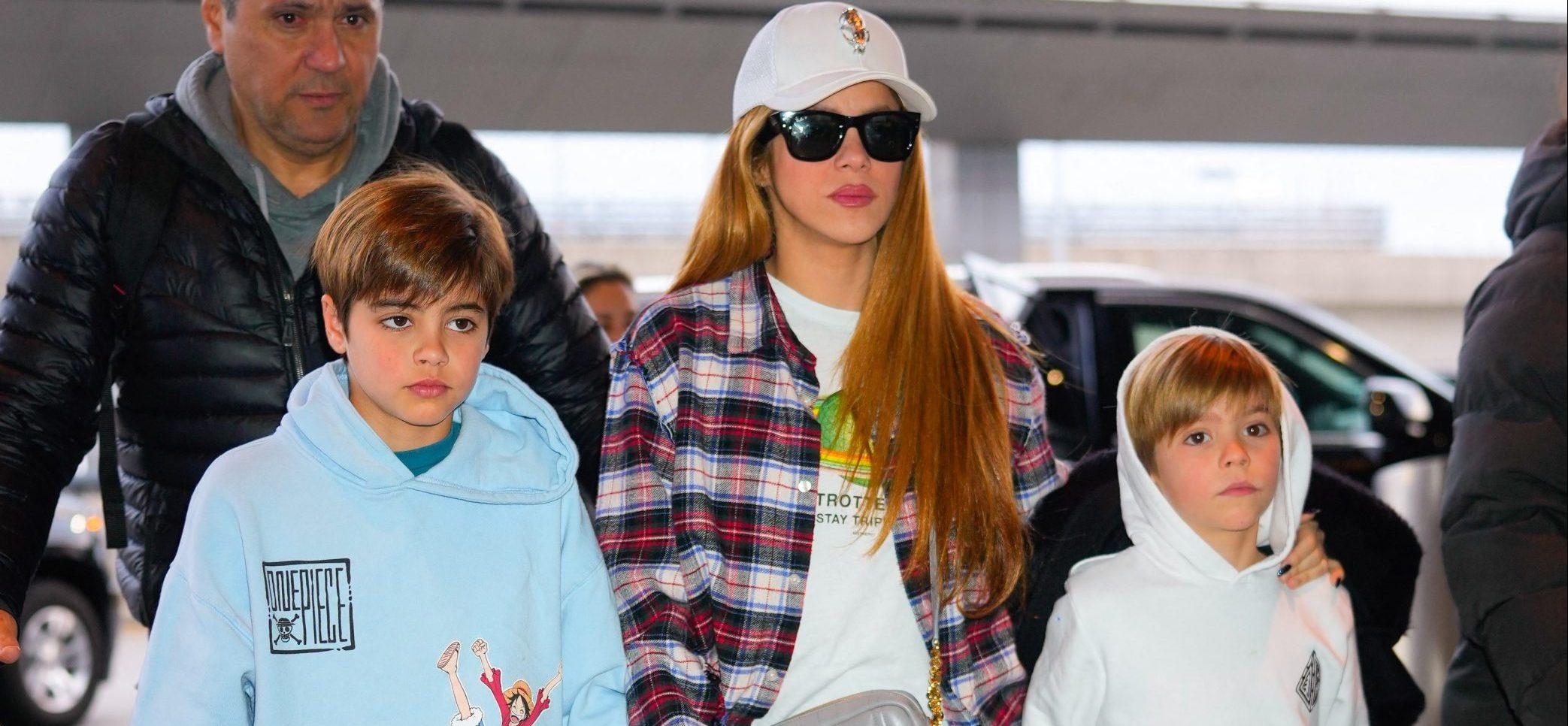 Shakira and her sons Sasha and Milan Pique Mebarak seen departing via JFK Airport in New York