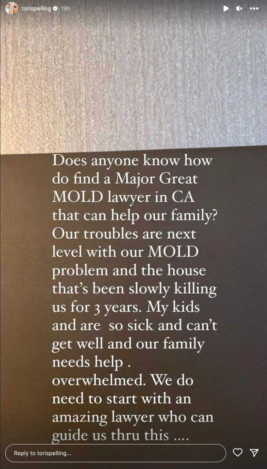 Tori Spelling talks getting a lawyer for mold problem