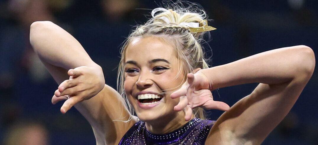 March 18, 2023: LSU's Olivia Dunne practices her floor routine prior to the 2023 SEC Gymnastics Championships at the Gas South Arena in Duluth, GA Kyle Okita/CSM(Credit Image: © Kyle Okita/Cal Sport Media) Newscom/(Mega Agency TagID: csmphotothree068146.jpg) [Photo via Mega Agency]