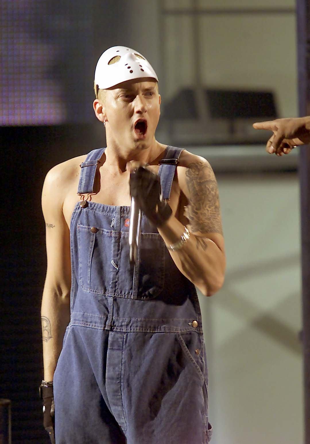 U S rapper Eminem during his performance at the the Brits 2001 music awards event in London apos s Earls Court Monday Feb 26 2001 Eminem won the Best International Male Artist award Photo Richard Pohle