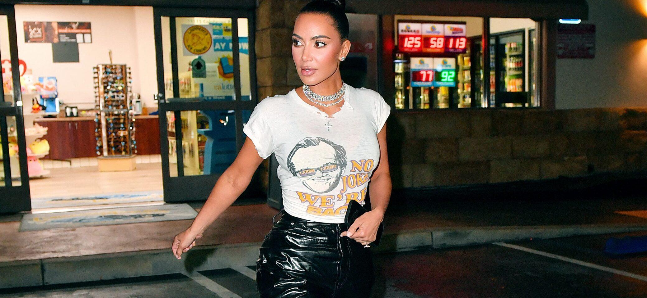 Kim Kardashian wears a special Jack Nicholson Lakers t shirt as she is happy after watching them win to get to the Western Conference Finals as she leaves a gas station in LA