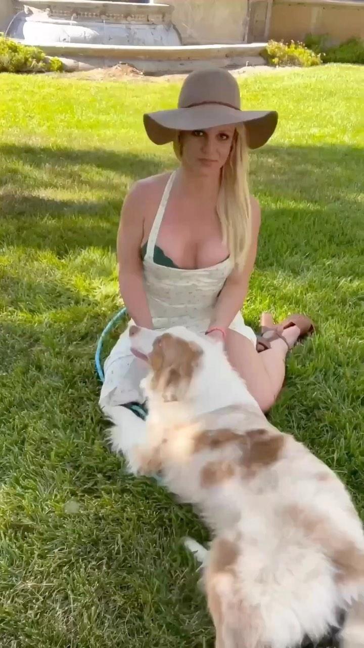 Britney Spears plays in the grass with her dog Sawyer