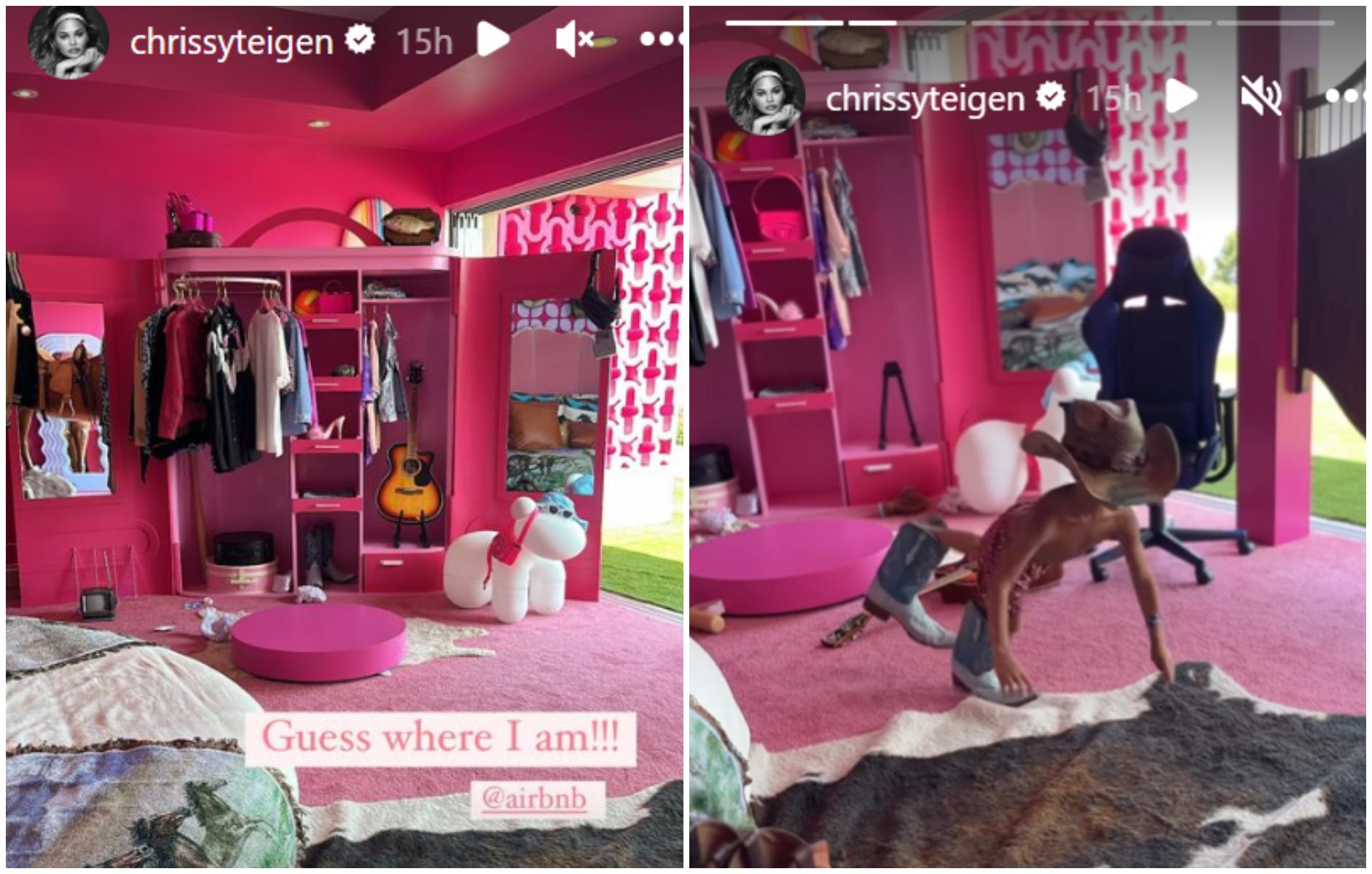 Chrissy Teigen visits Barbie Dreamhouse Airbnb with son Miles