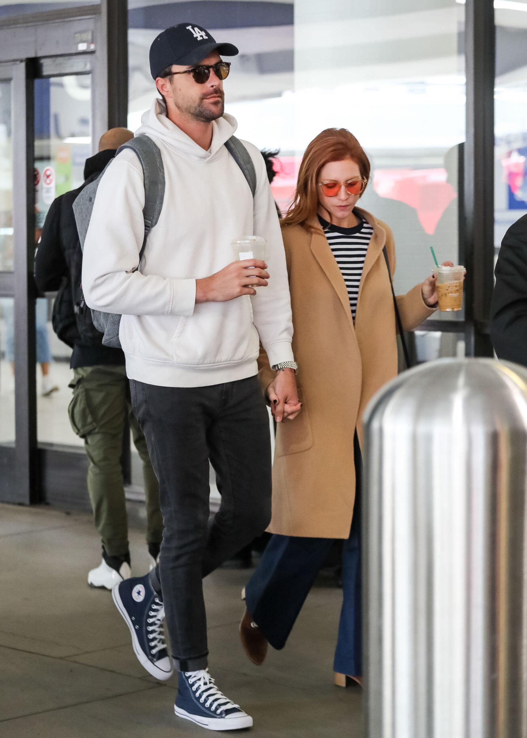 Brittany Snow and fiance Tyler Stanaland at LAX International Airport