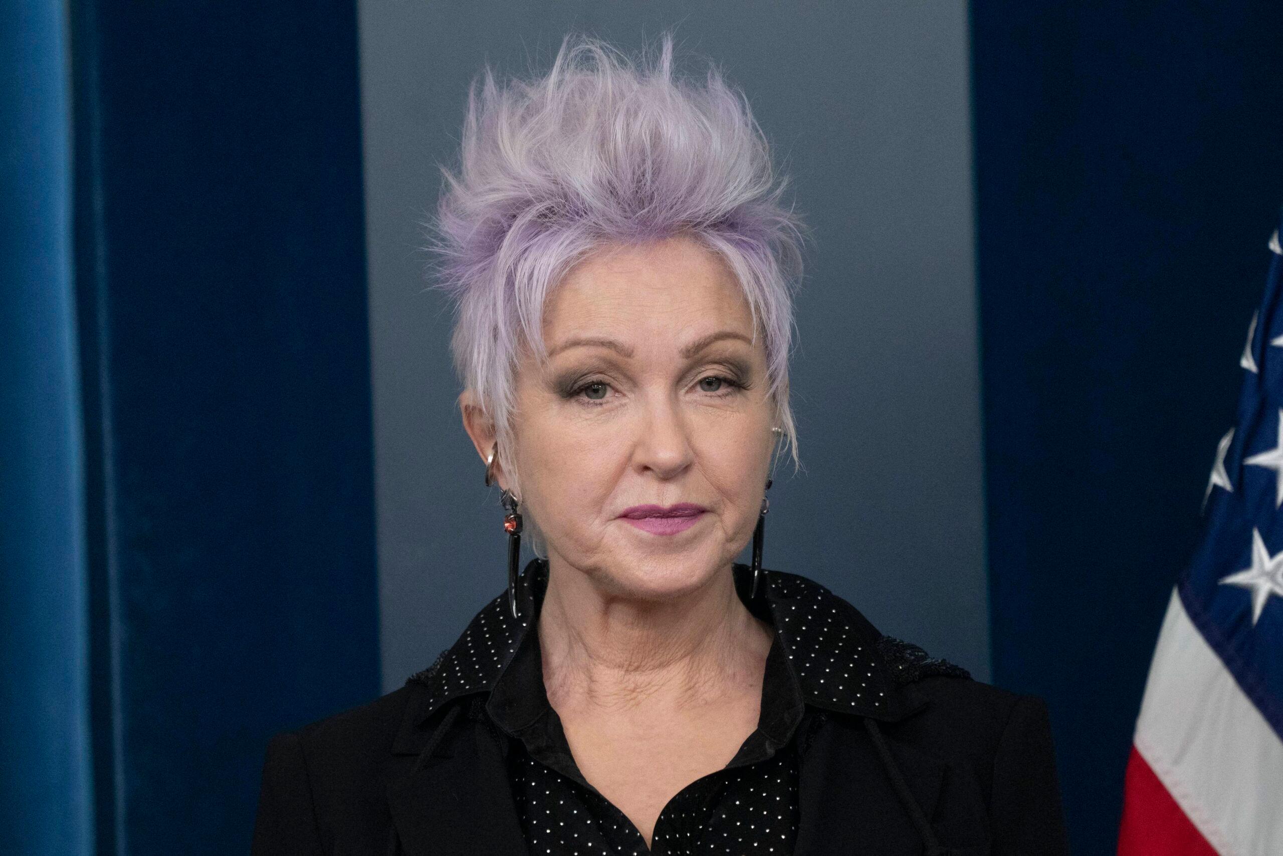 Musician Cyndi Lauper makes a statement in the briefing room