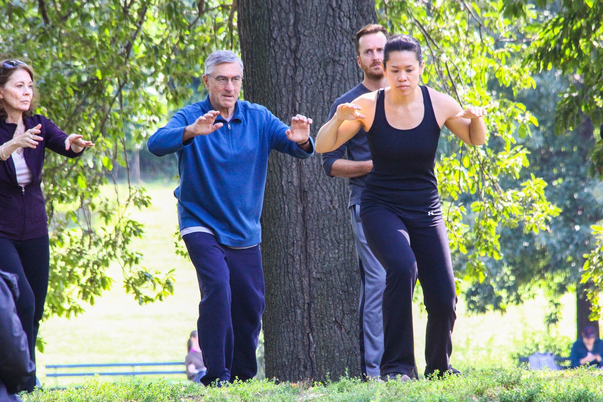 Robert DeNiro amp Tiffany Chen along with Anne Hathaway are seen on the set of the movie The Intern in Prospect Park back in 2014