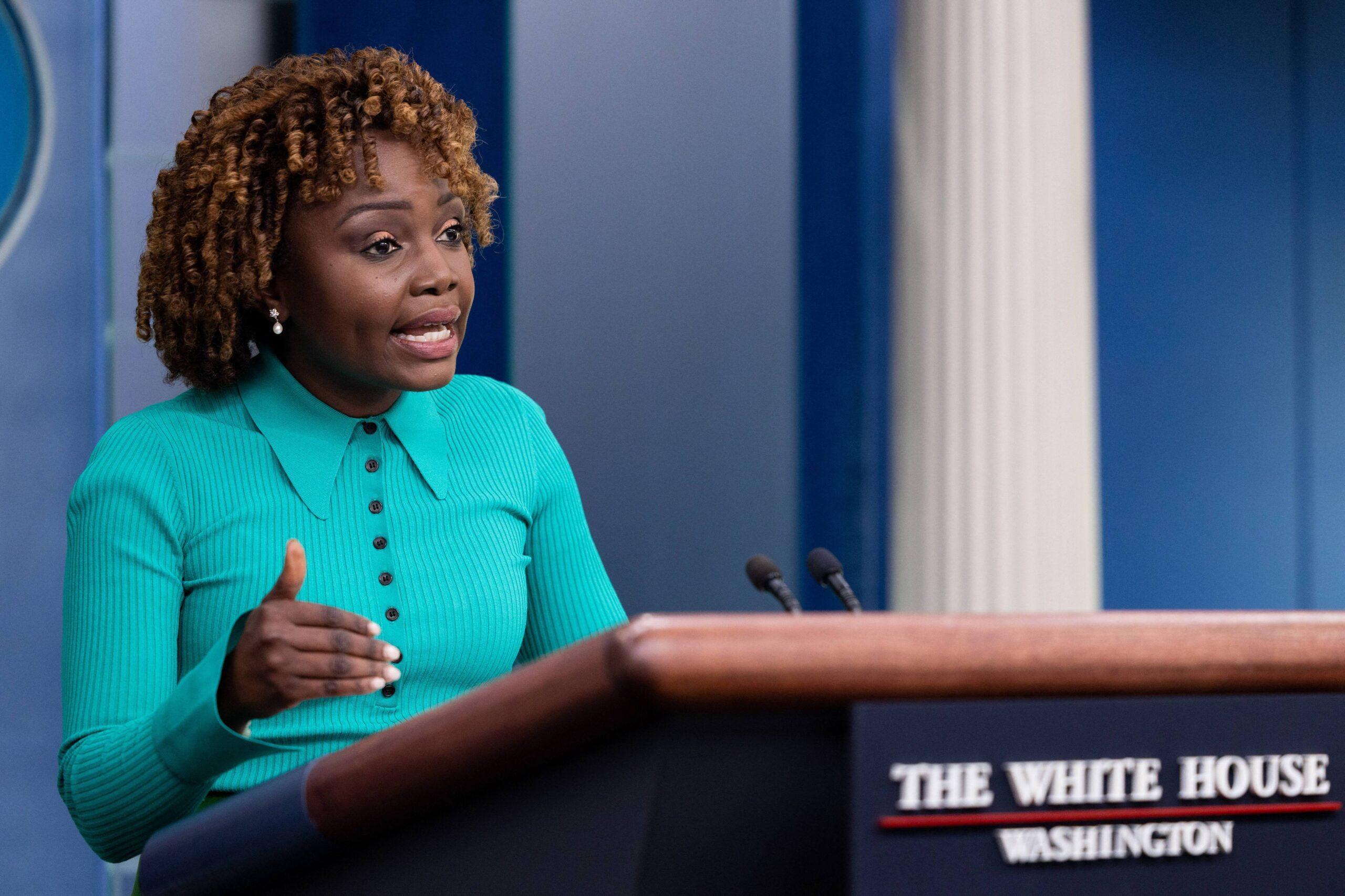 White House Press Secretary Karine Jean-Pierre looks on as Shalanda Young Director of the Office of Management and Budget OMB speaks at the White House press briefing in Washington D