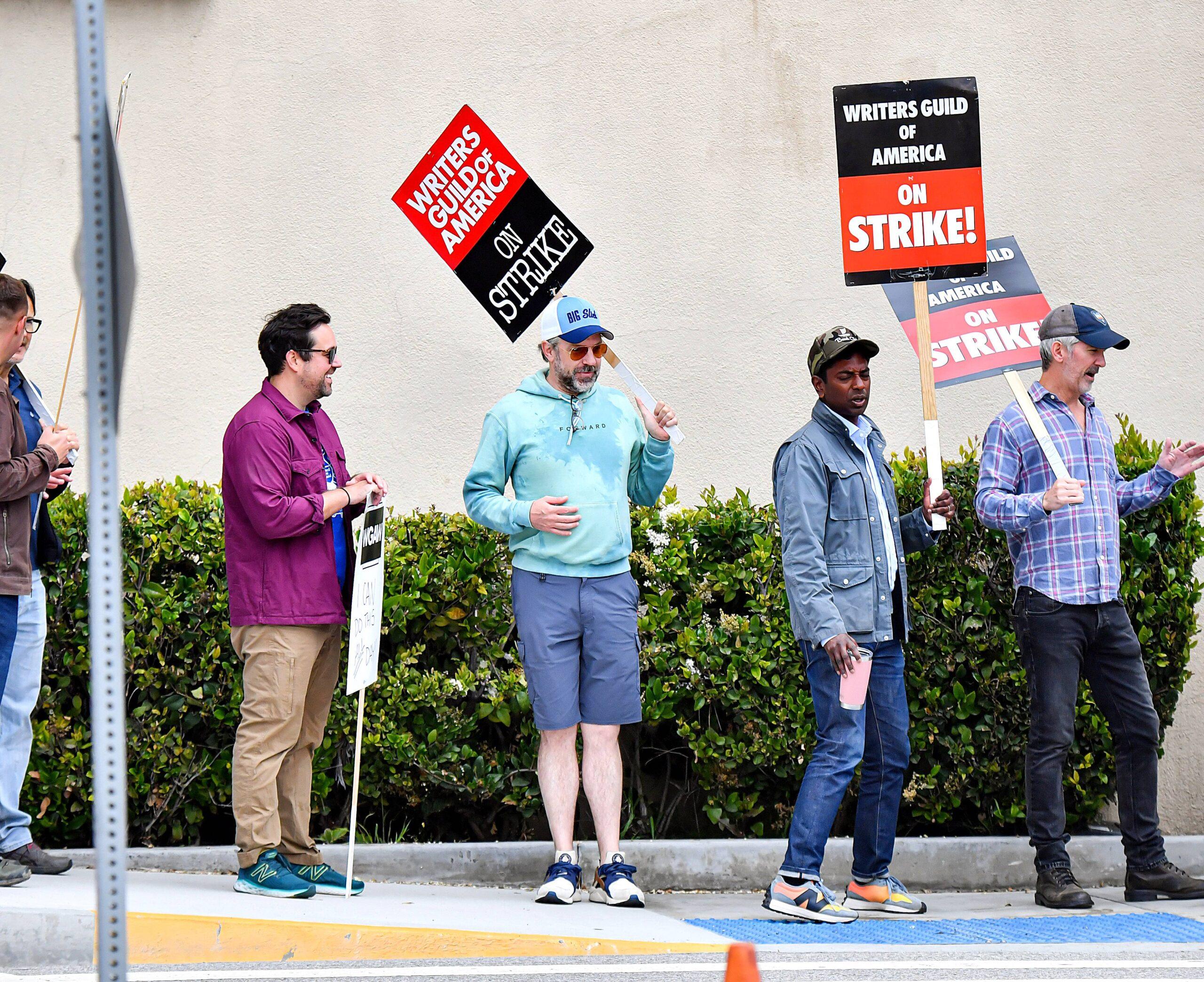 Jason Sudeikis Is All Smiles While Joining The Picket Line In Support Of The apos Writers Strike apos At The Warner Brother apos s Studios In Burbank CA
