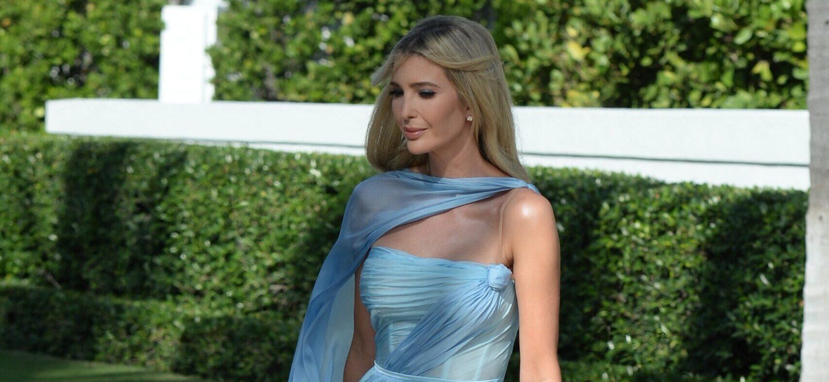 Ivanka Tump wears a flowing baby blue dress as she arrives to sister Tiffany Trump's wedding at Mar-A-Lago in Palm Beach