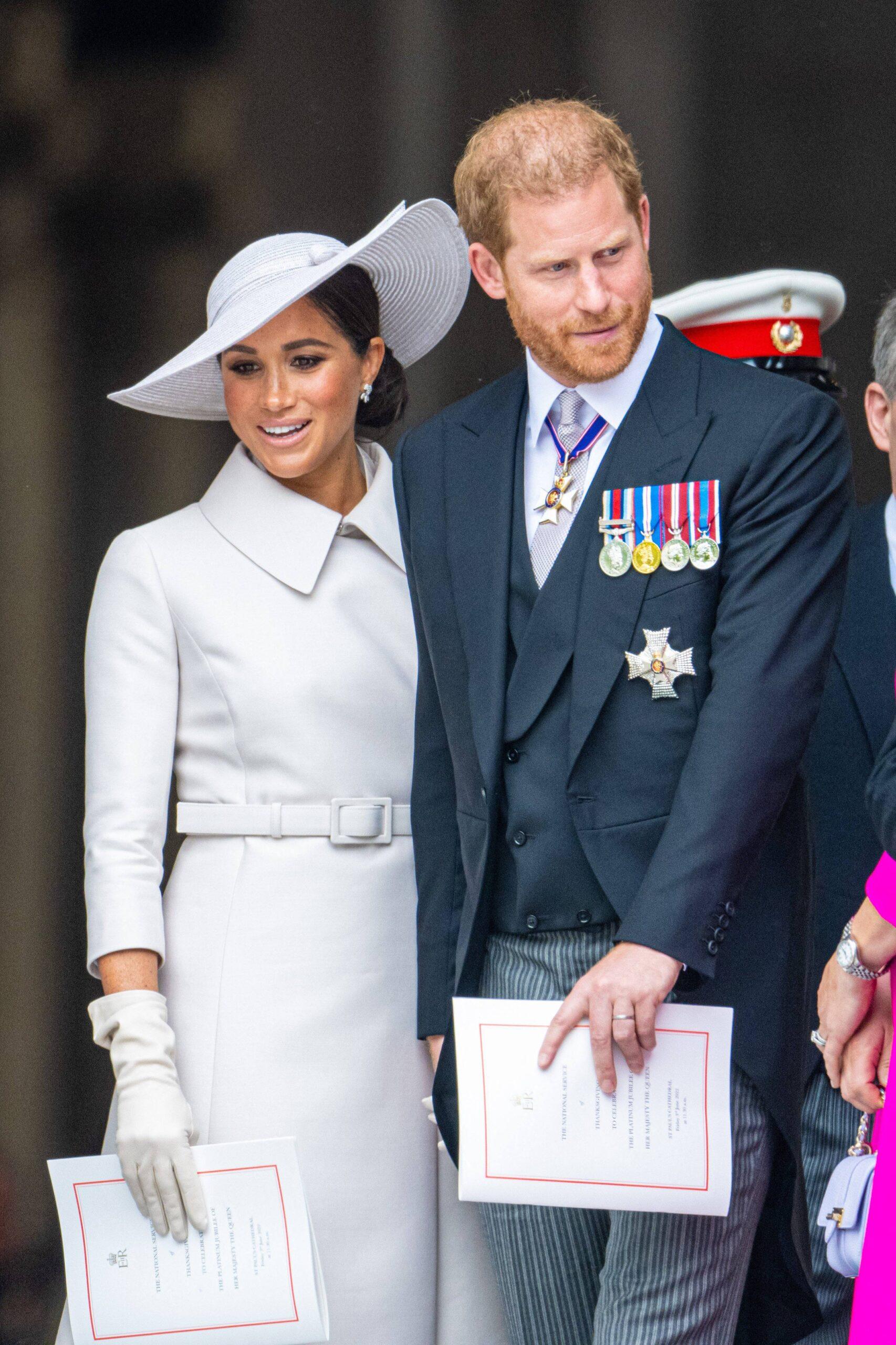 Prince Harry Duke of Sussex and Meghan Markle Duchess of Sussex attending the Service of Thanksgiving for the Queen, marking the monarch's 70 year Platinum Jubilee, at St Paul’s Cathedral in London