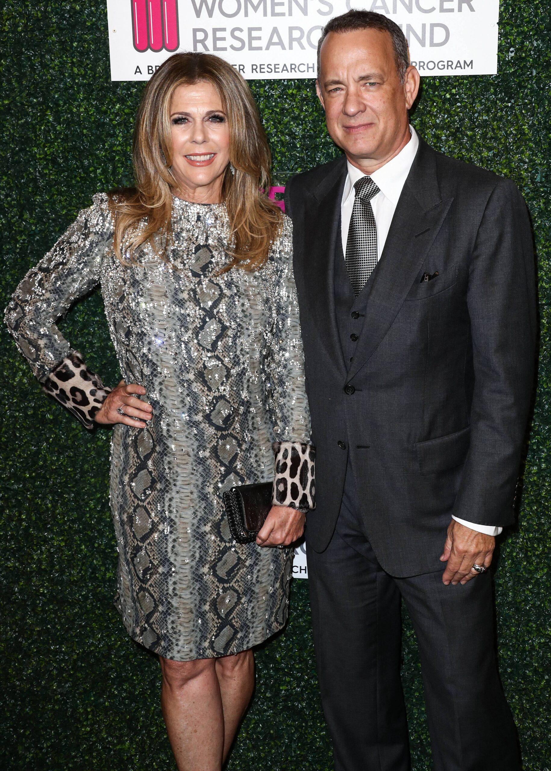Actress Rita Wilson and husband/actor Tom Hanks wearing Tom Ford arrive at The Women's Cancer Research Fund's 'An Unforgettable Evening' 2017 held at the Beverly Wilshire Four Seasons Hotel on February 16, 2017 in Beverly Hills, Los Angeles