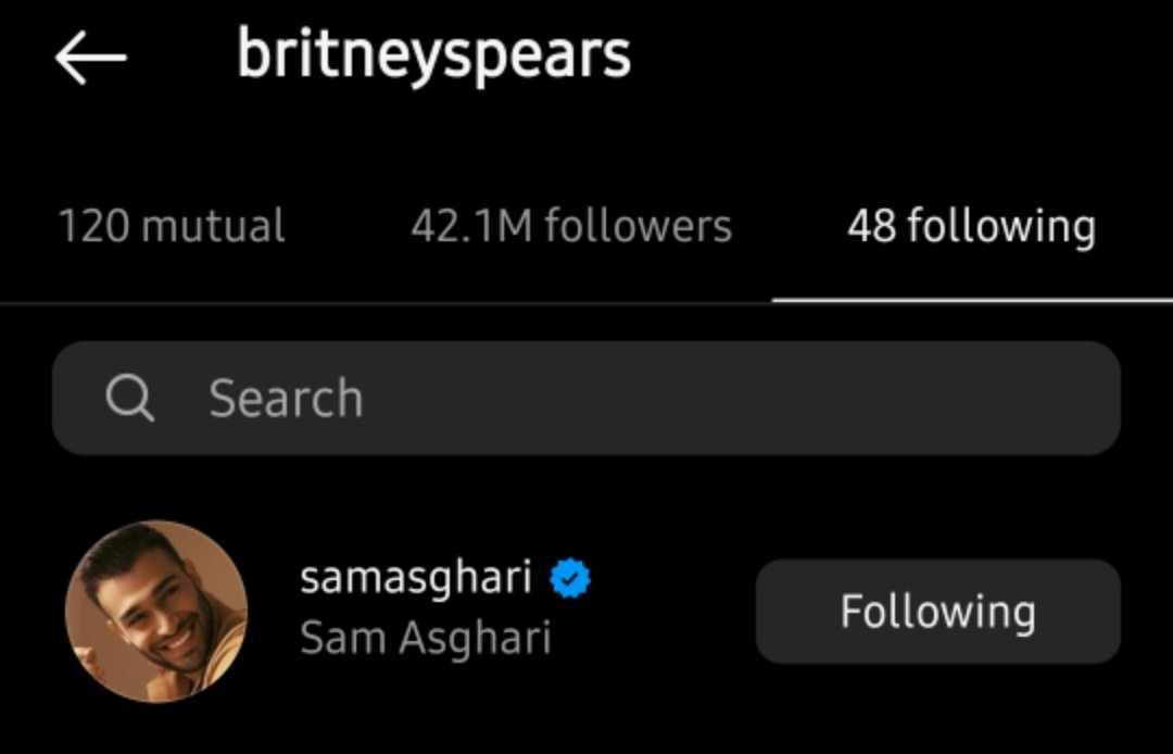 Britney Spears following Sam Asghari on Instagram
