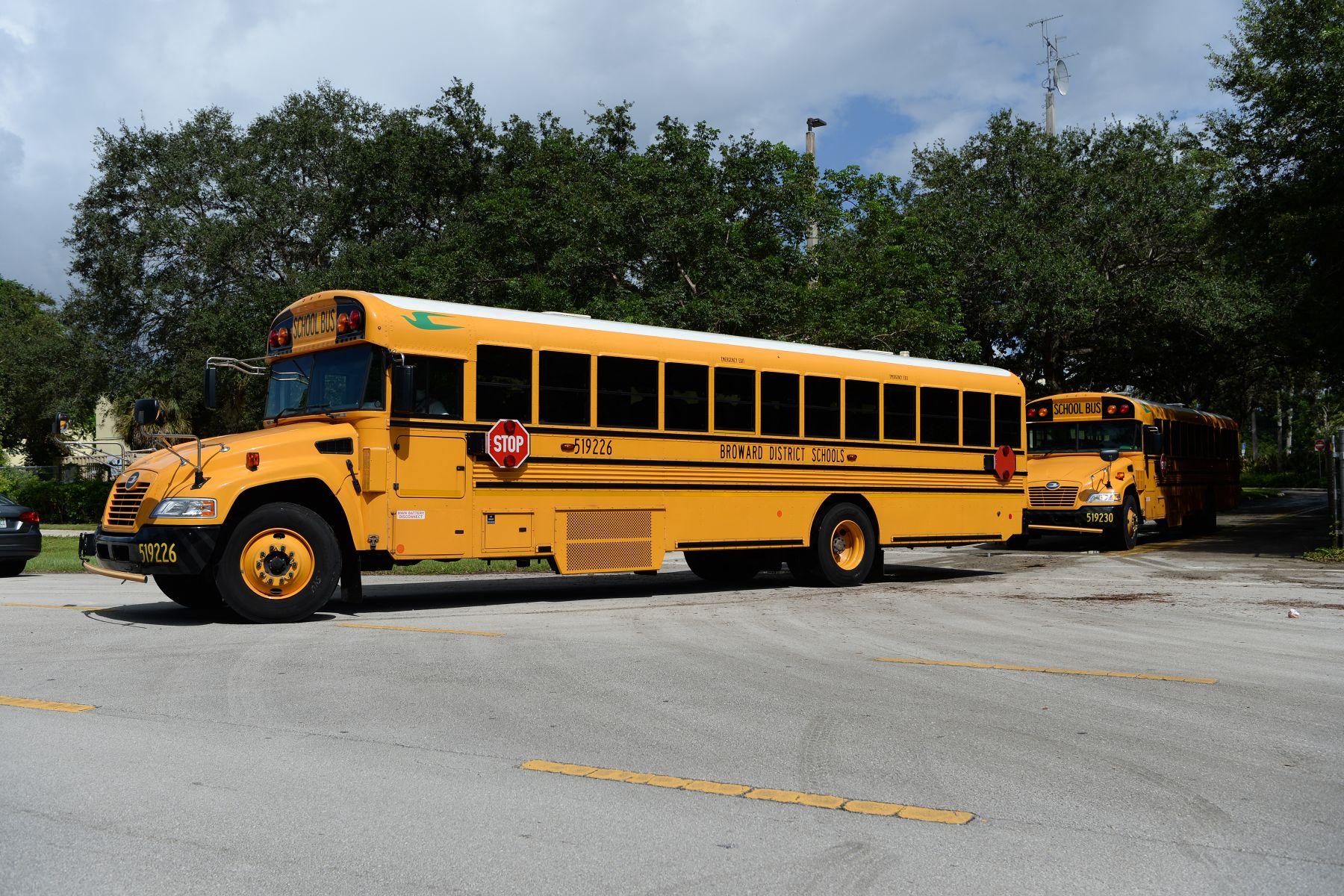 A school bus seen leaving Riverglades Elementary School as Broward County schools open for students from Kindergarten to 2nd grade during the COVID-19 pandemic.