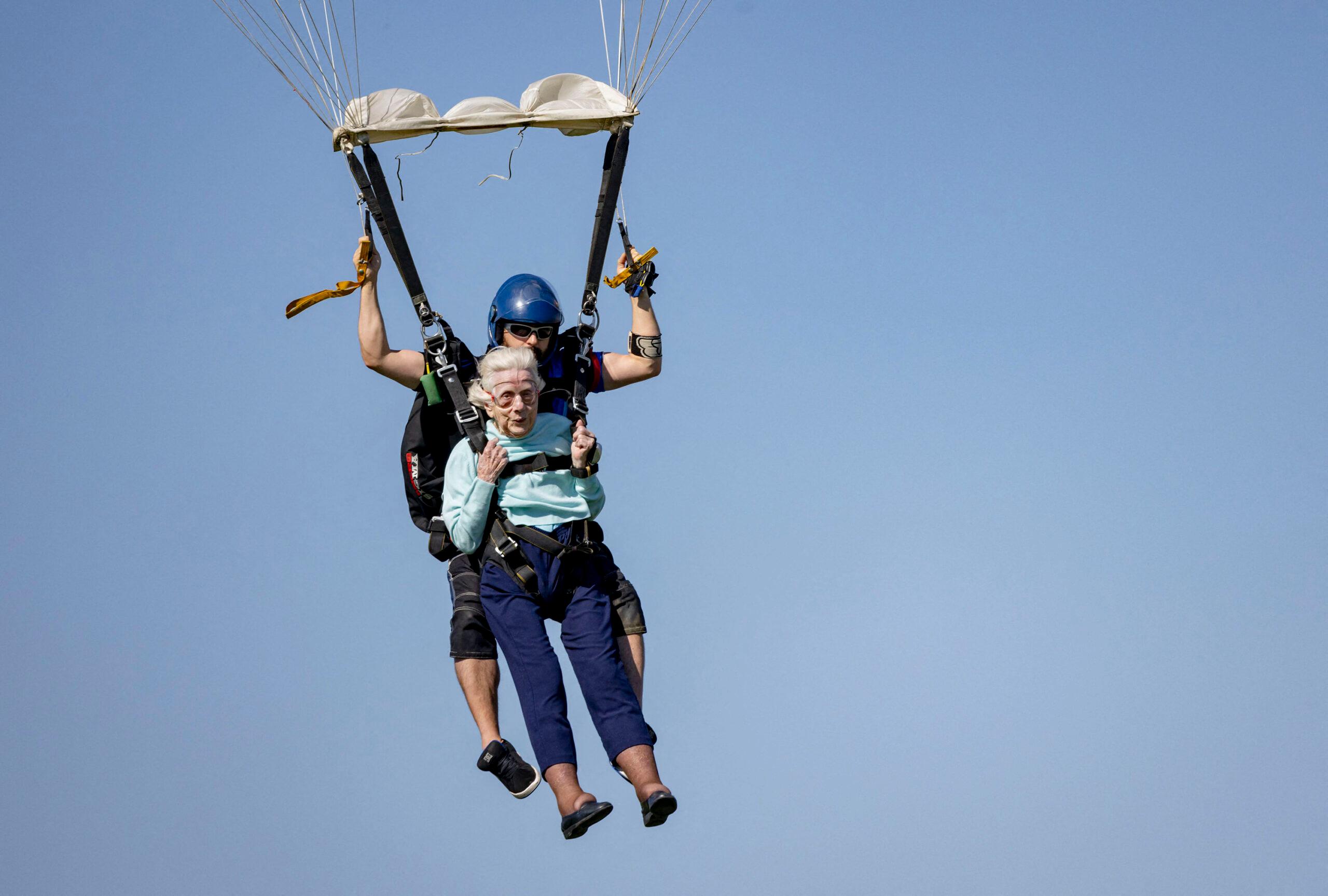 Dorothy Hoffner, 104, becomes the oldest person in the world to sky-dive on Oct. 1, 2023, at Skydive Chicago in Ottawa, Illinois
