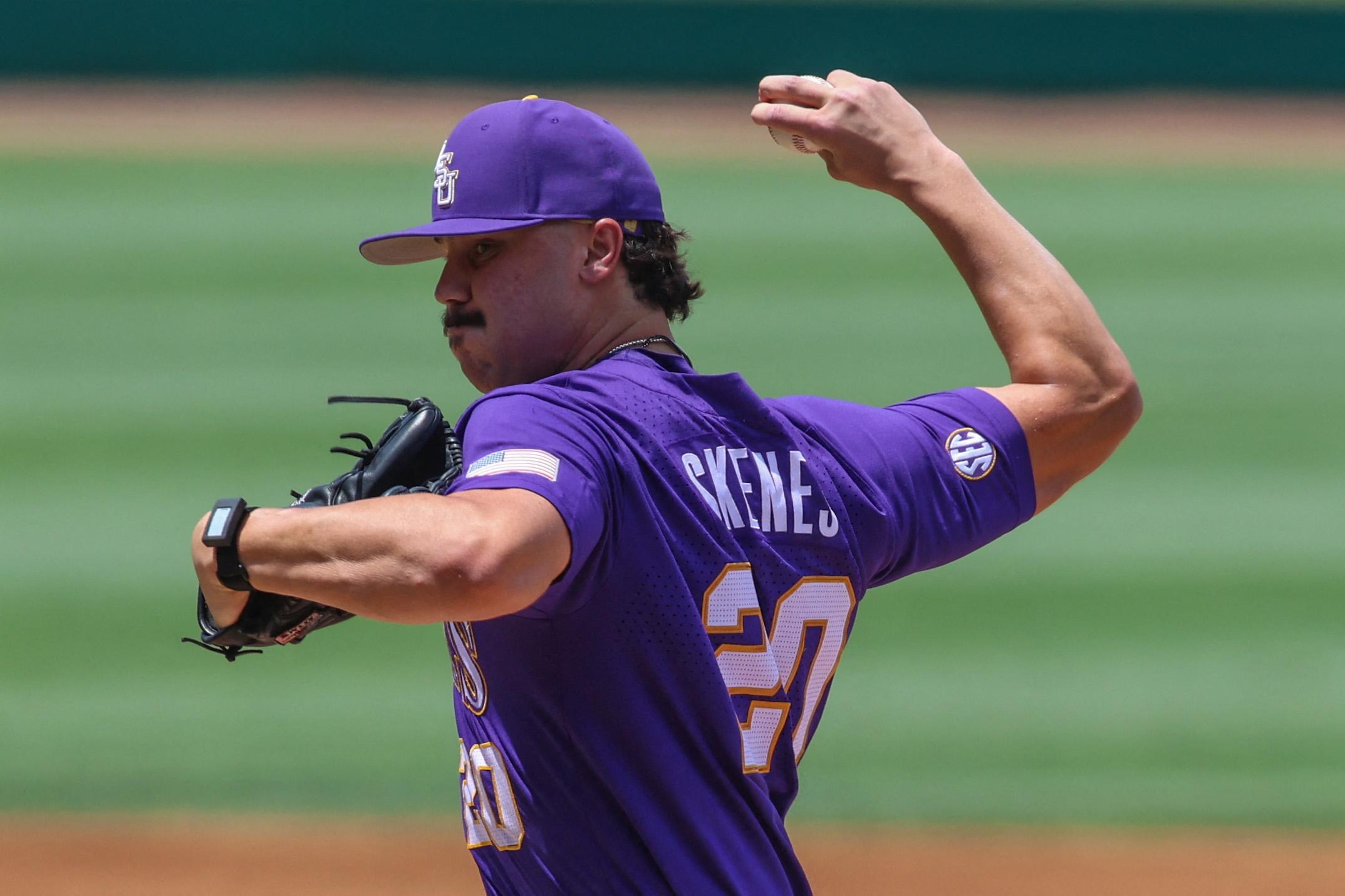 June 2, 2023: LSU starting pitcher Paul Skenes (20) delivers a pitch to the plate during NCAA Baseball Regional action between the Tulane Green Wave and the LSU Tigers at Alex Box Stadium, Skip Bertman Field in Baton Rouge, LA. Jonathan Mailhes/CSM(Credit Image: © Jonathan Mailhes/Cal Sport Media) Newscom/(Mega Agency TagID: csmphotothree111108.jpg) [Photo via Mega Agency]