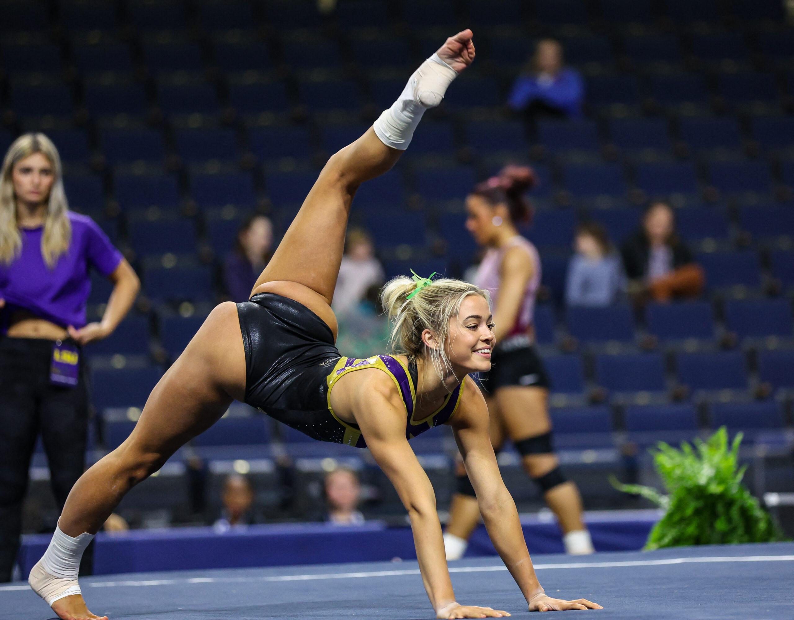 March 17, 2023: LSU's Olivia Dunne on the floor exercise during the Practice Sessions of the 2023 SEC Gymnastics Championships at the Gas South Arena in Duluth, GA Kyle Okita/CSM(Credit Image: © Kyle Okita/Cal Sport Media) Newscom/(Mega Agency TagID: csmphotothree065743.jpg) [Photo via Mega Agency]