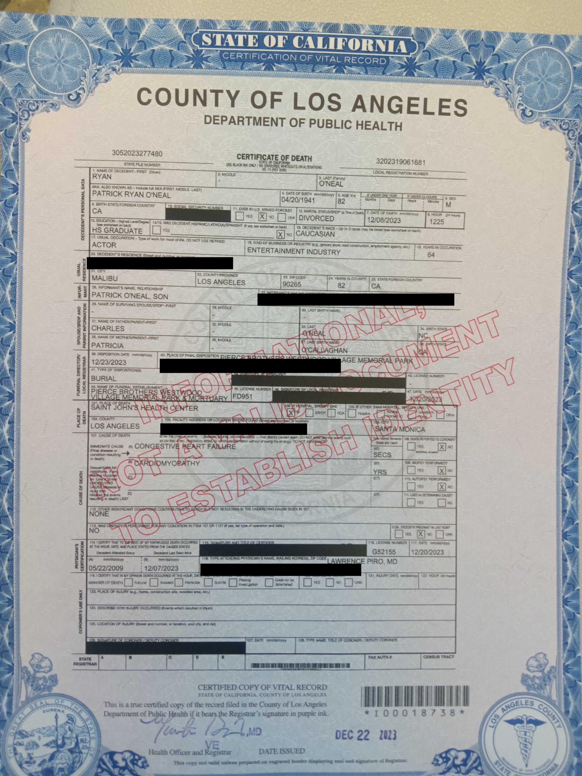 Ryan O'Neal's Death Certificate: Official Cause of Death Revealed