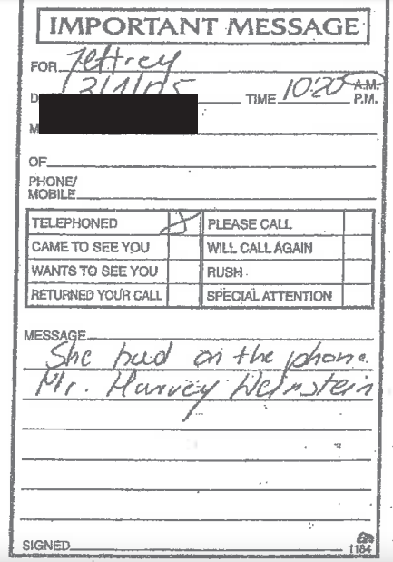 Handwritten Note Reveals Harvey Weinstein's Call to Jeffrey Epstein