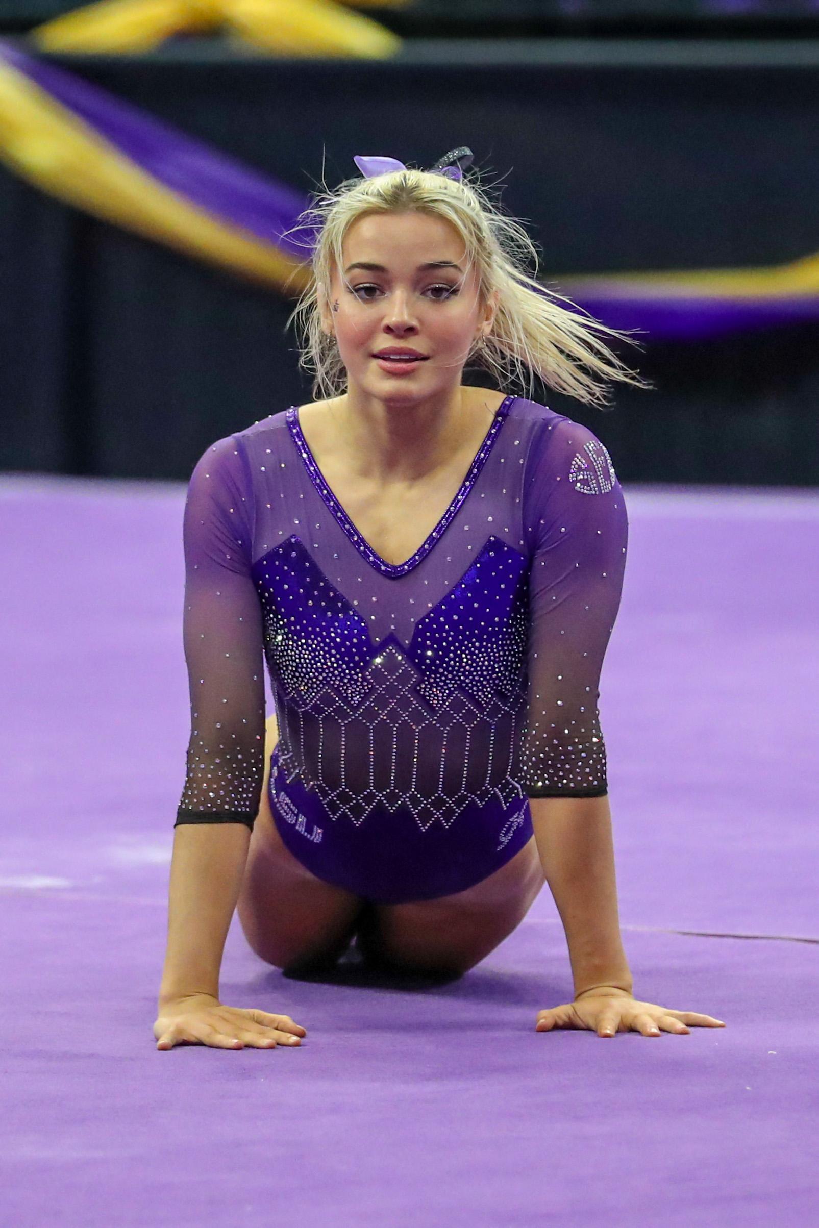 January 05, 2024: LSU's Olivia ''Livvy'' Dunne competes on the floor during NCAA Gymnastics action between the Ohio St. Buckeyes and the LSU Tigers at the Pete Maravich Assembly Center in Baton Rouge, LA. Jonathan Mailhes/CSM (Credit Image: © Jonathan Mailhes/Cal Sport Media) Newscom/(Mega Agency TagID: csmphotothree219079.jpg) [Photo via Mega Agency]