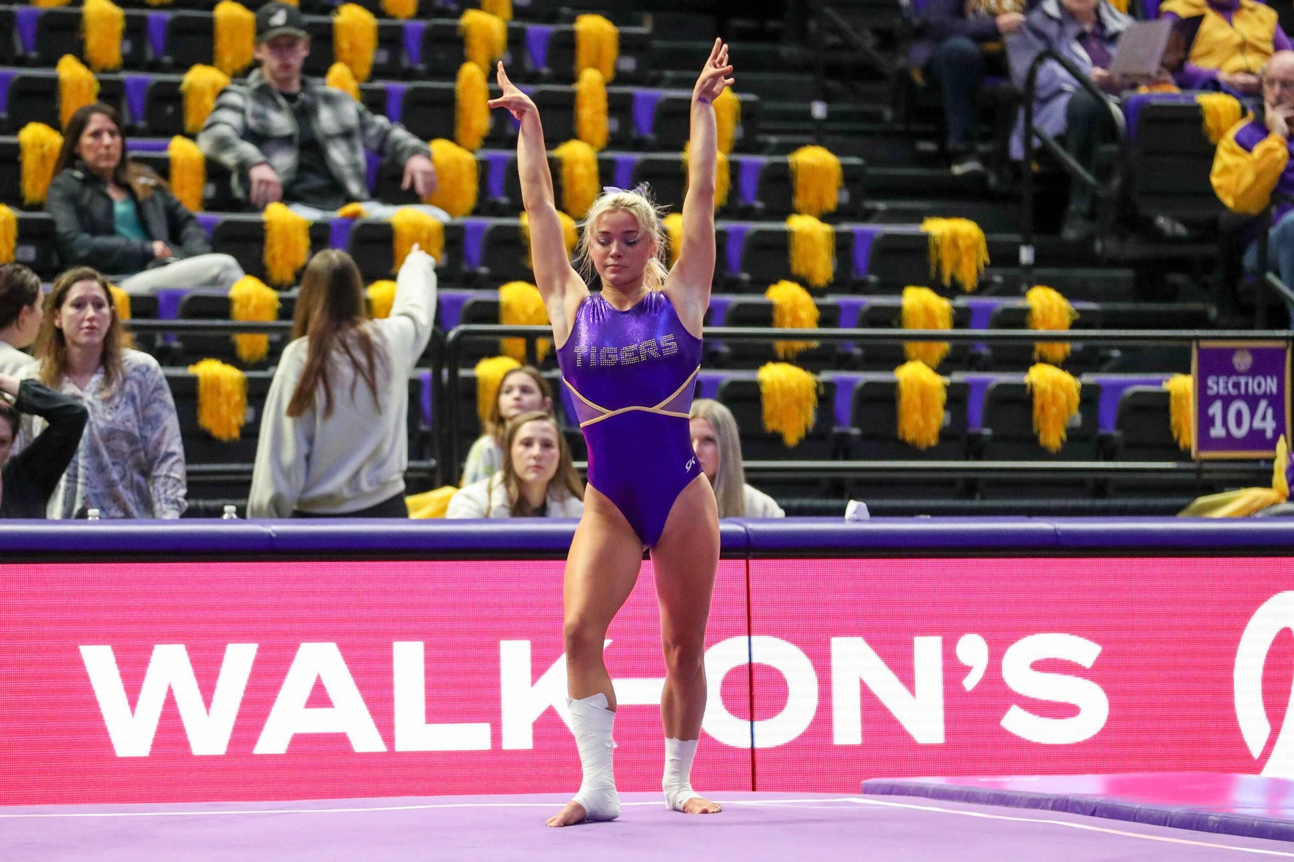 January 05, 2024: LSU's Olivia ''Livvy'' Dunne warms up on the floor prior to NCAA Gymnastics action between the Ohio St. Buckeyes and the LSU Tigers at the Pete Maravich Assembly Center in Baton Rouge, LA. Jonathan Mailhes/CSM (Credit Image: © Jonathan Mailhes/Cal Sport Media) Newscom/(Mega Agency TagID: csmphotothree219053.jpg) [Photo via Mega Agency]