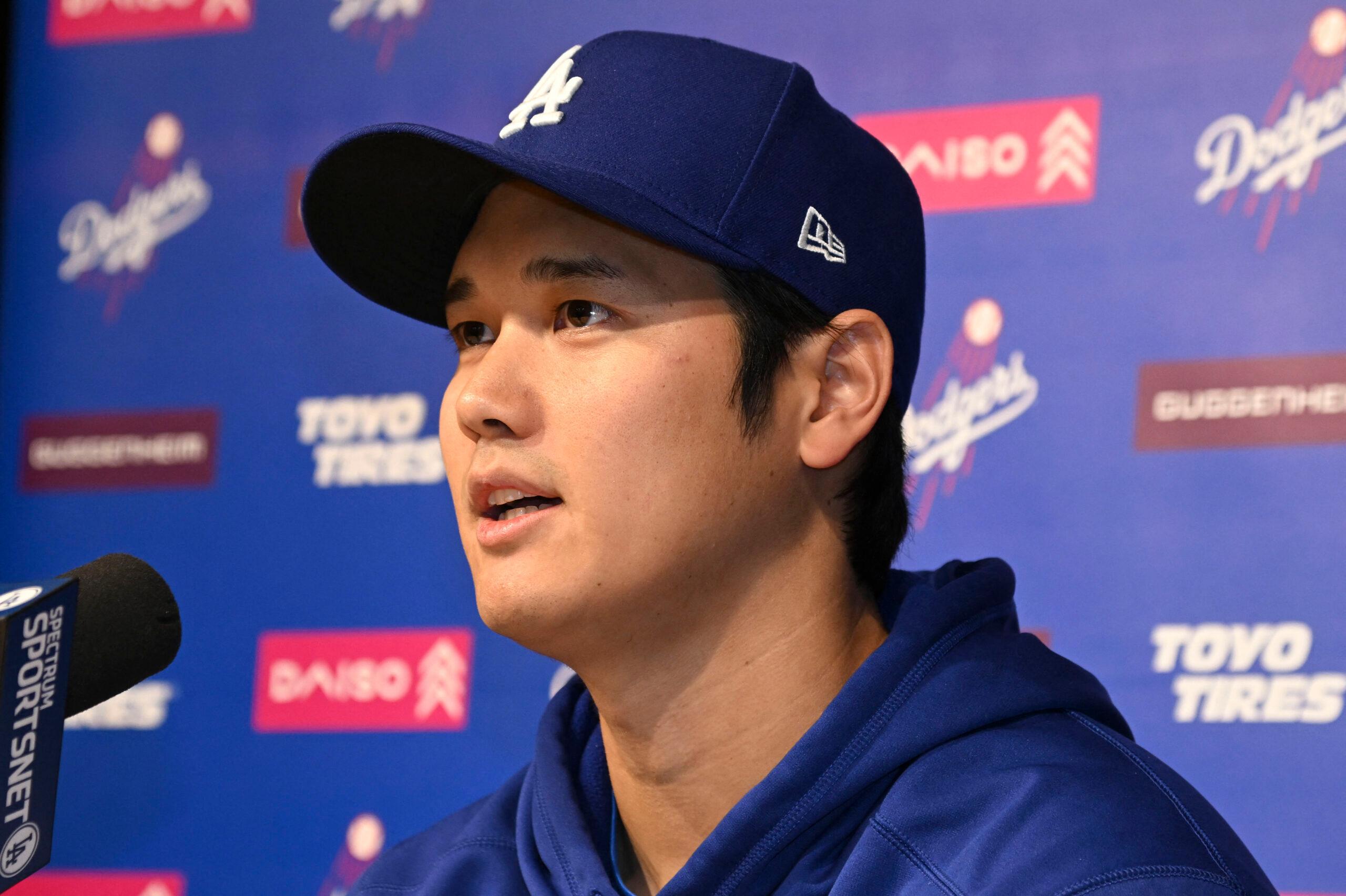 Shohei Ohtani speaks at a press conference