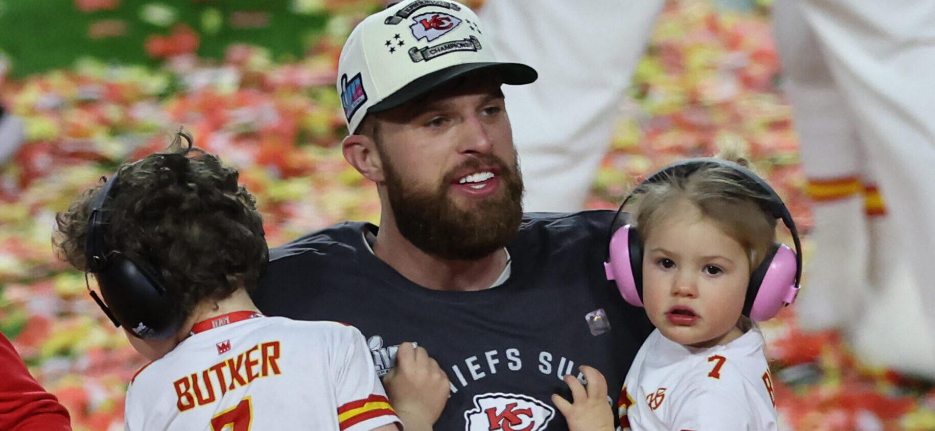 Harrison Butker celebrating Super Bowl LVIII win