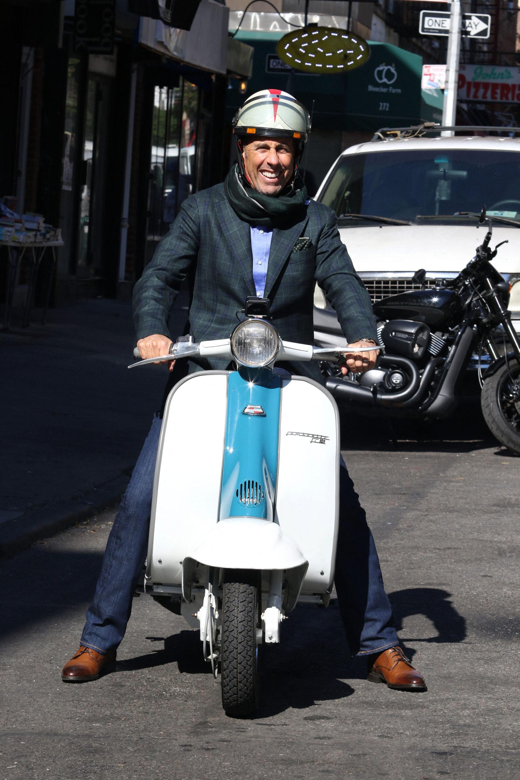 Jerry Seinfeld rides Vespa scooter while filming "Comedians in Cars Getting Coffee" in New York City