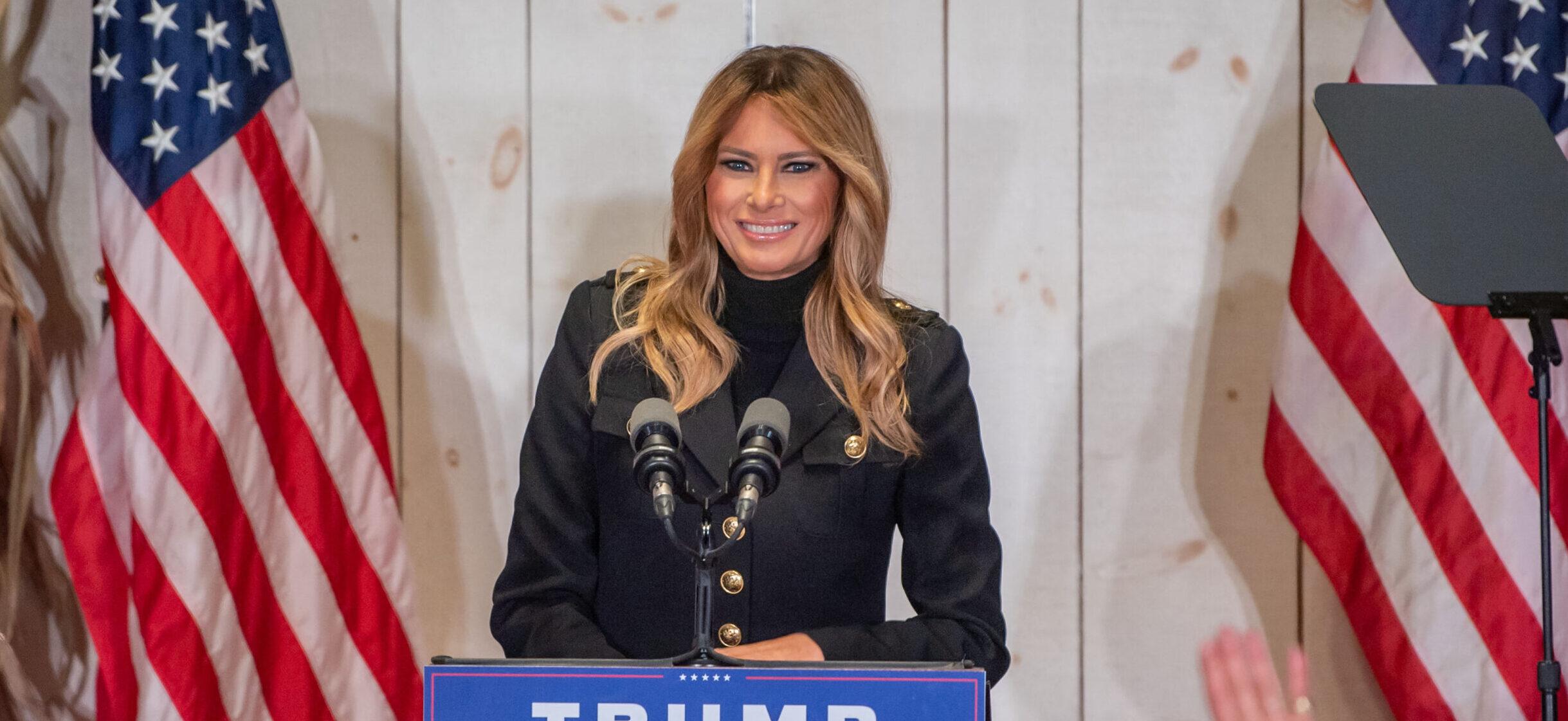 Melania Trump speaks to Donald Trump's supporters at a "Make America Great Again" campaign rally event on October 31, 2020 in Wapwallopen, PA.