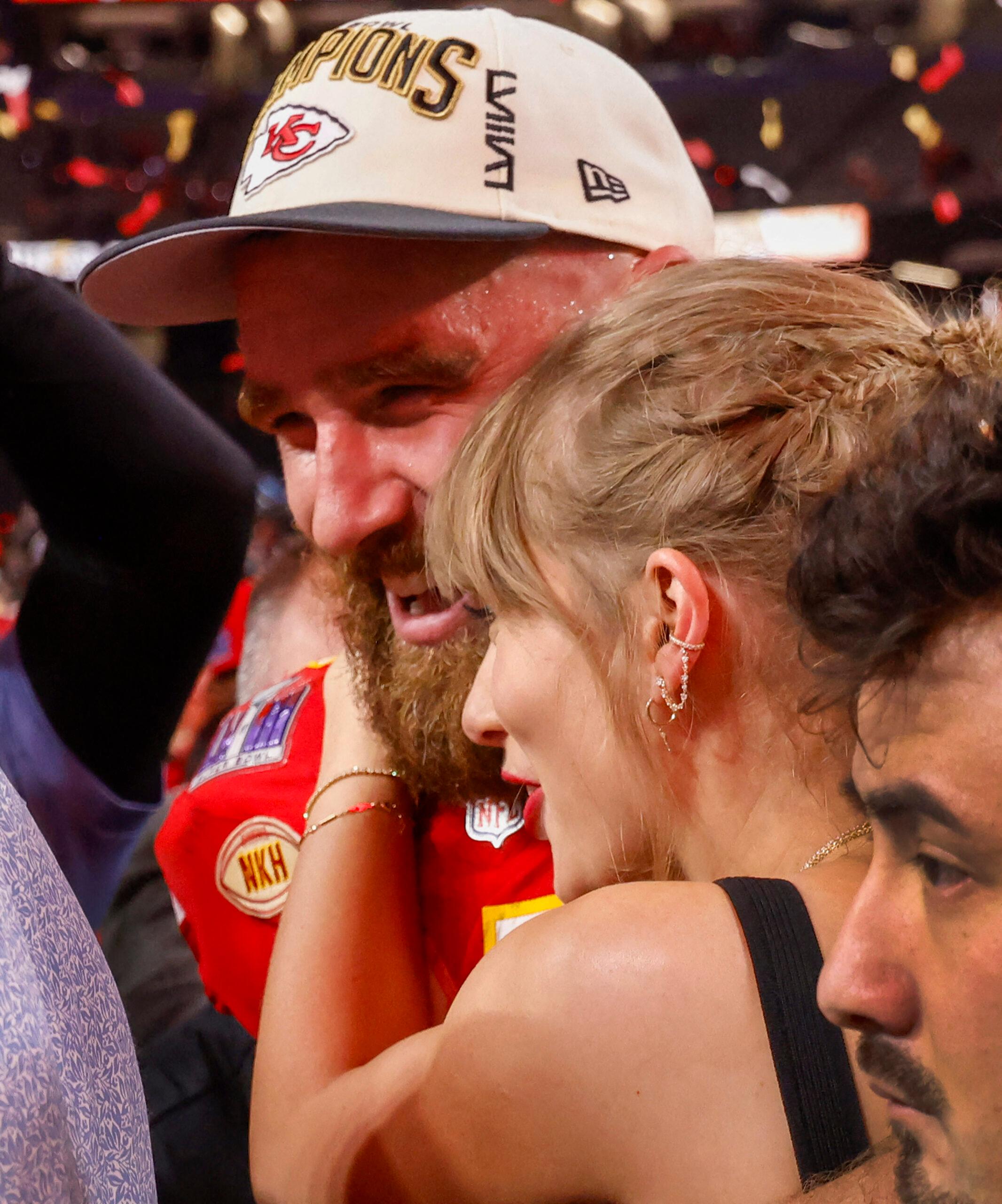 Travis Kelce and Taylor Swift celebrate Super Bowl win