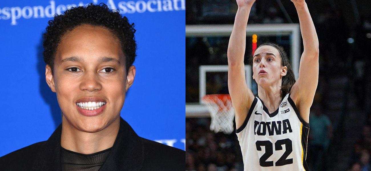 Brittney Griner smiling (left) Caitlin Clark playing basketball (right)