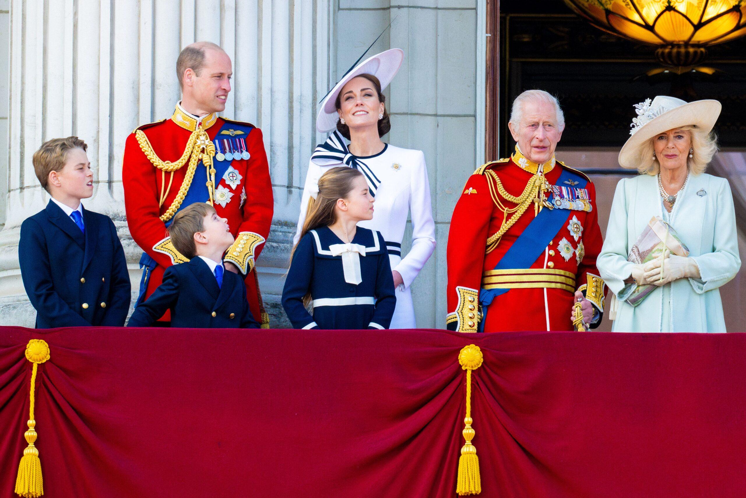 Prince William of Wales, Catherine Princess of Wales, Prince George, Princess Charlotte, Prince Louis during appearance on the Buckingham Palace balcony to watch the flypast during Trooping the Colour 2024 ceremony.