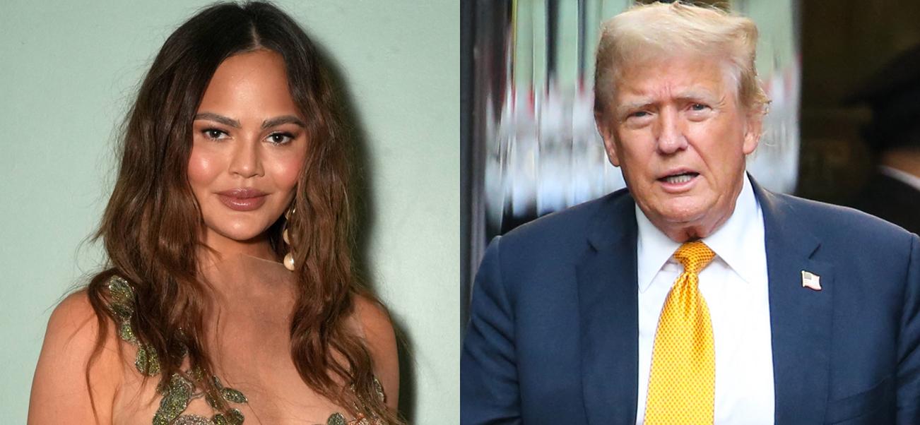 A collage of Chrissy Teigen posing on the red carpet and Donald Trump greeting the crowd at Trump Towers