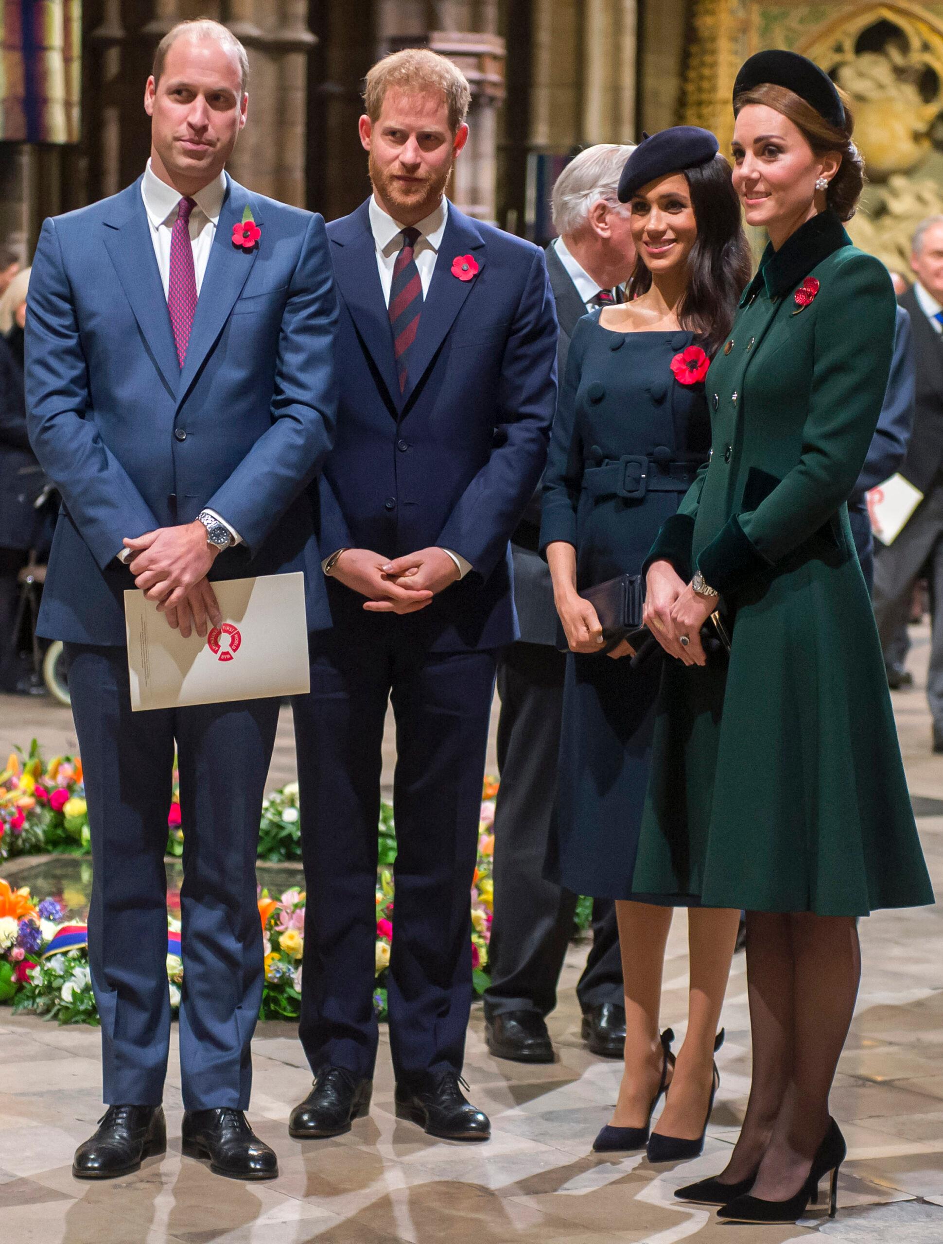 (L-R) Prince William, Prince Harry, Meghan Markle, Kate Middleton