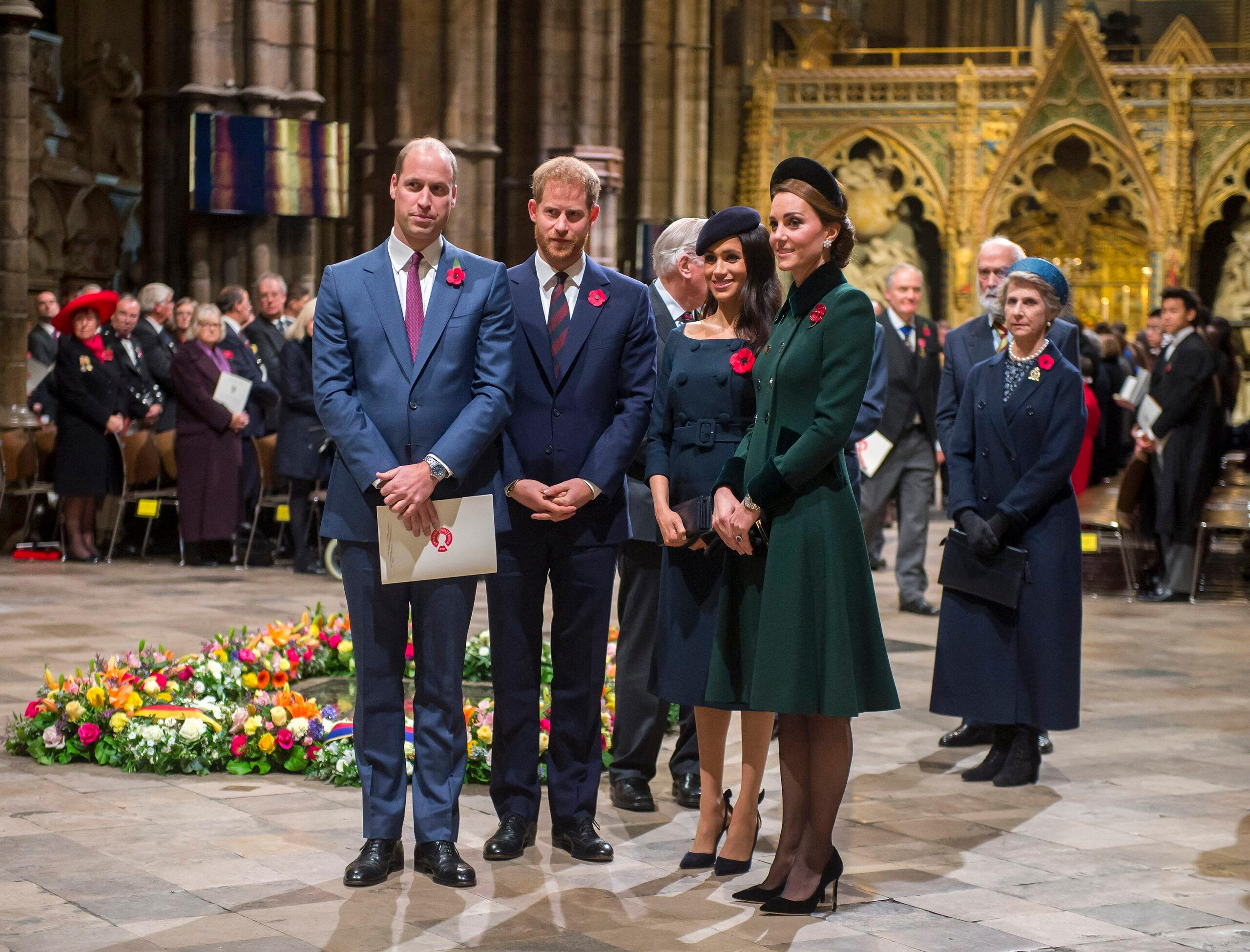 (Left) Prince William, Prince Harry, Meghan Markle, and Kate Middleton