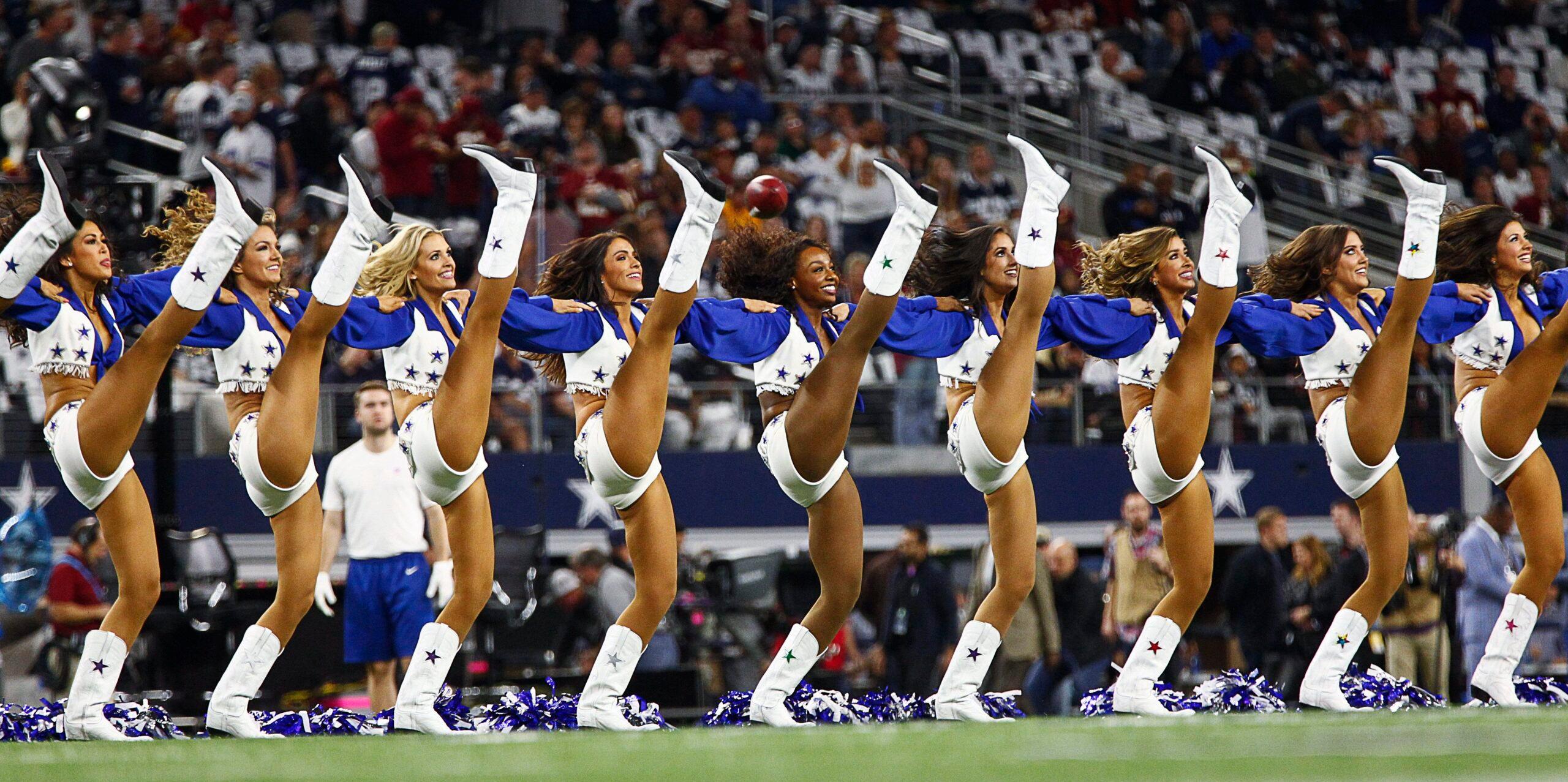 The Dallas Cowboys Cheerleaders kick line at The Dallas Cowboys vs the Washington Redskins game