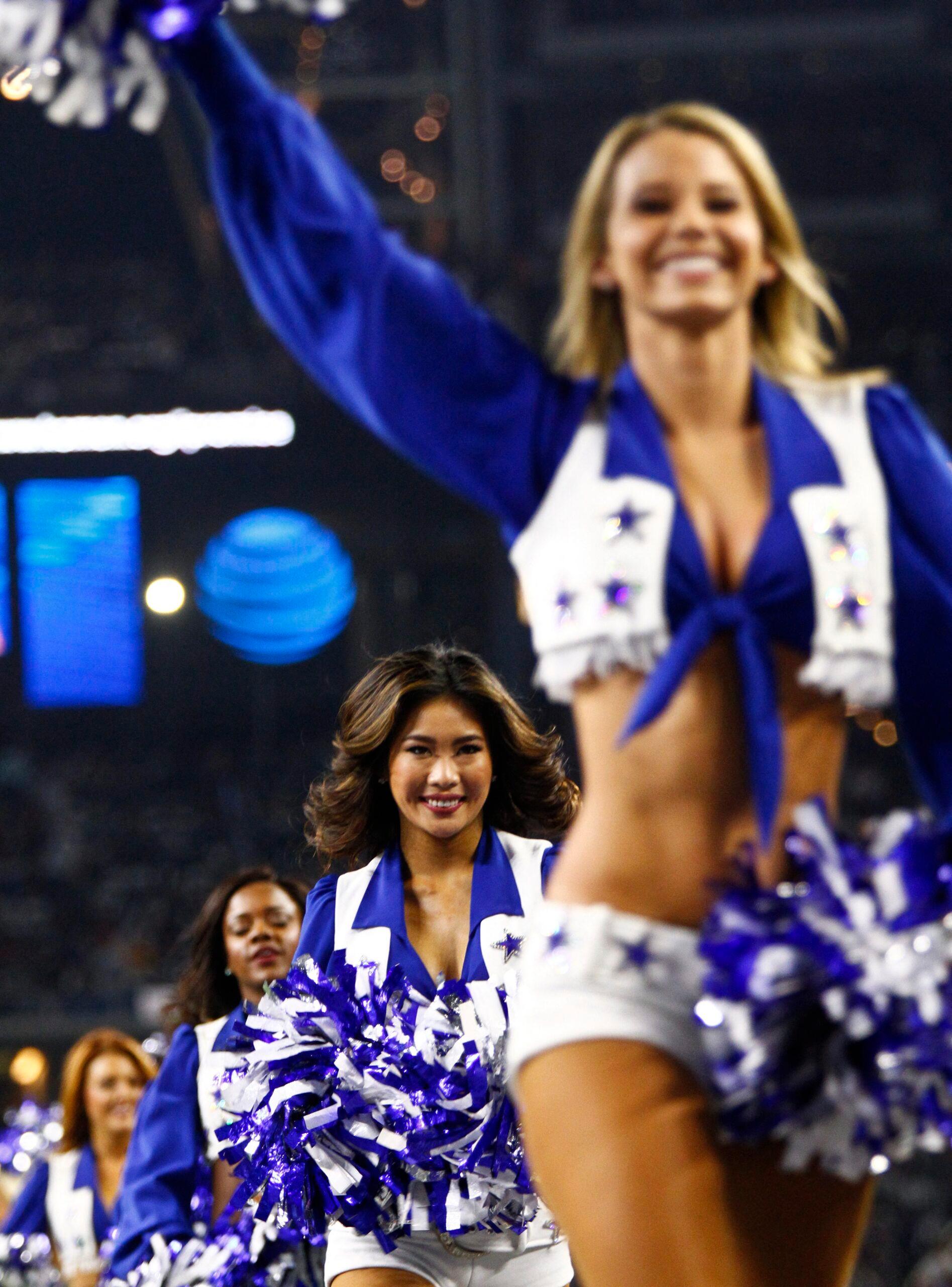 The Dallas Cowboys Cheerleaders perform at The Dallas Cowboys vs the Washington Redskins game