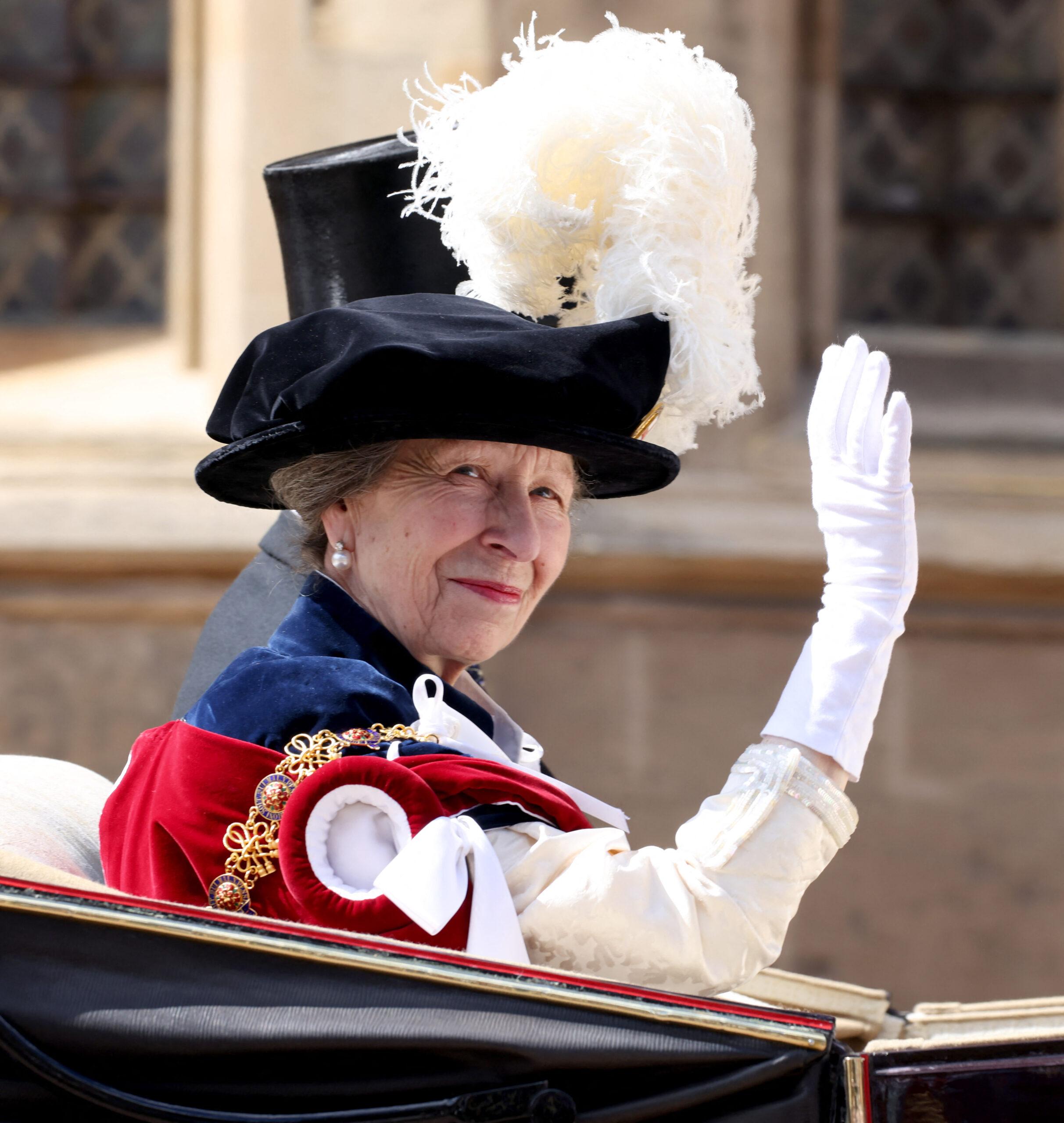 Princess Anne waves during The Order Of The Garter Service At Windsor Castle