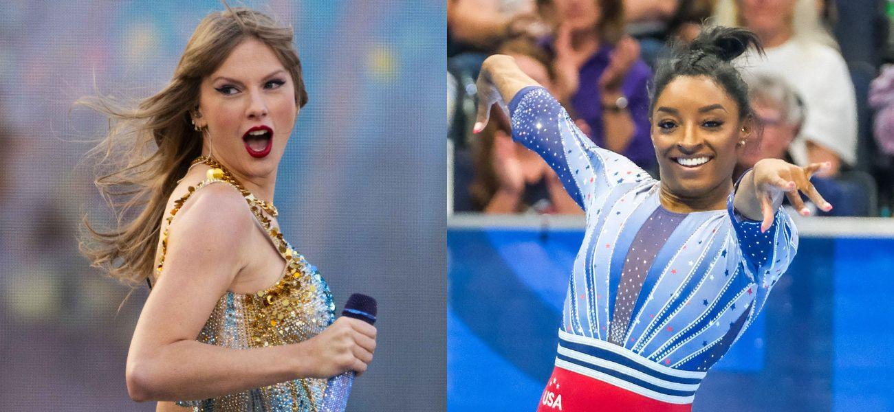 Taylor Swift performing (left) Simone Biles at the Olympics (right)