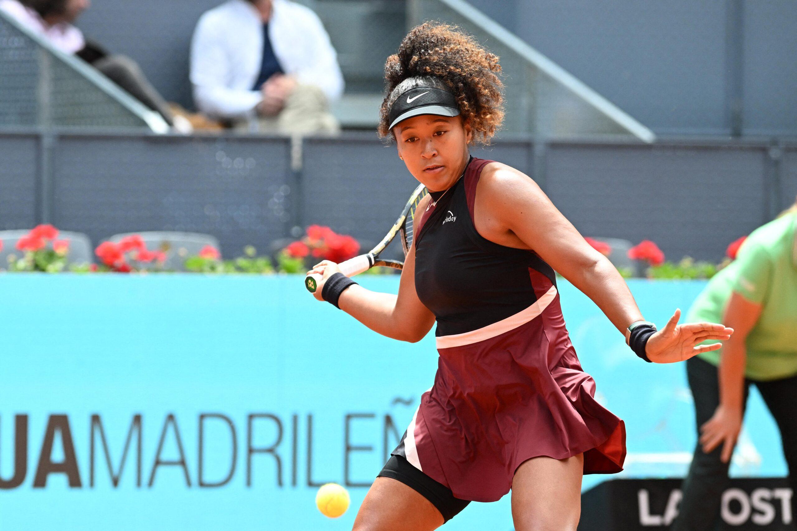 Naomi Osaka taking a swing during her match at the Mutua Madrid Open, April 25, 2024, in Madrid, Spain