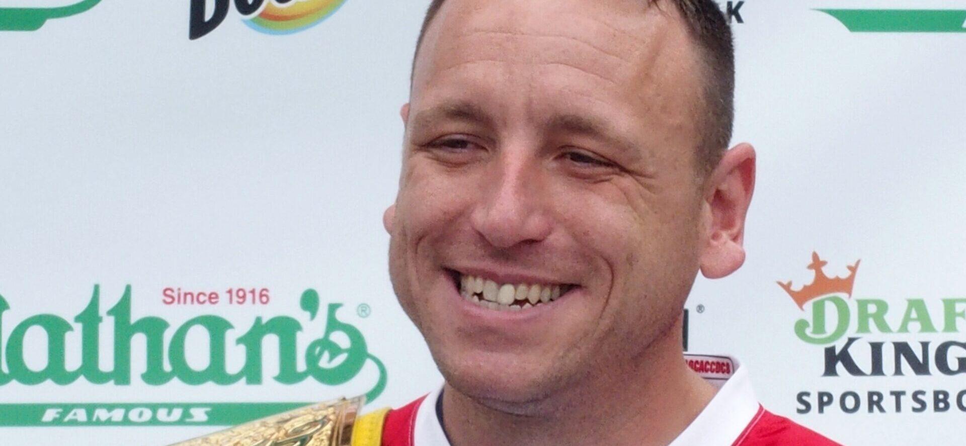 Joey Chestnut at Nathan's July 4th Hot Dog Eating Contest 2021