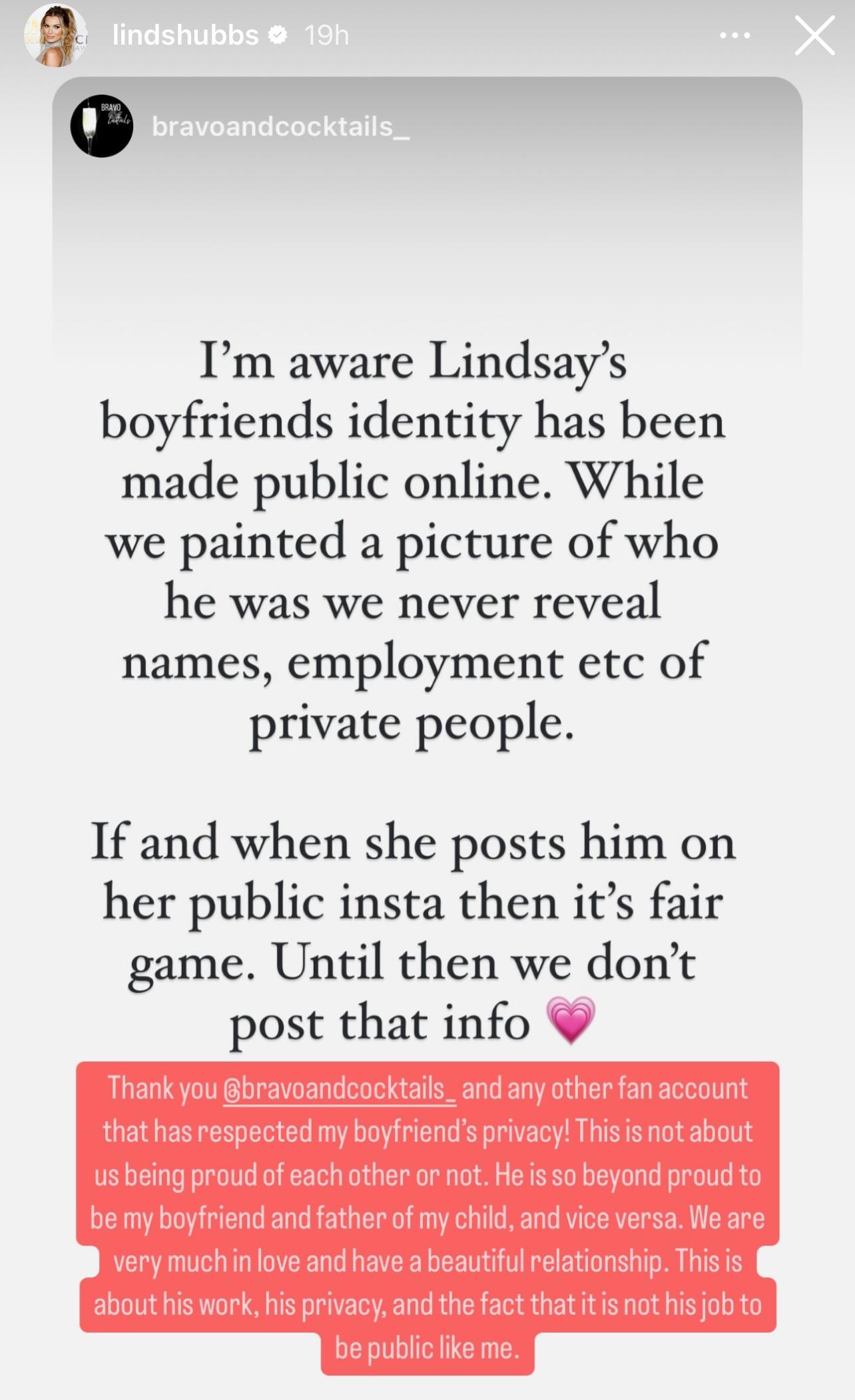 Postagem de Lindsay Hubbard em seus stories do Instagram sobre a identidade de seu namorado