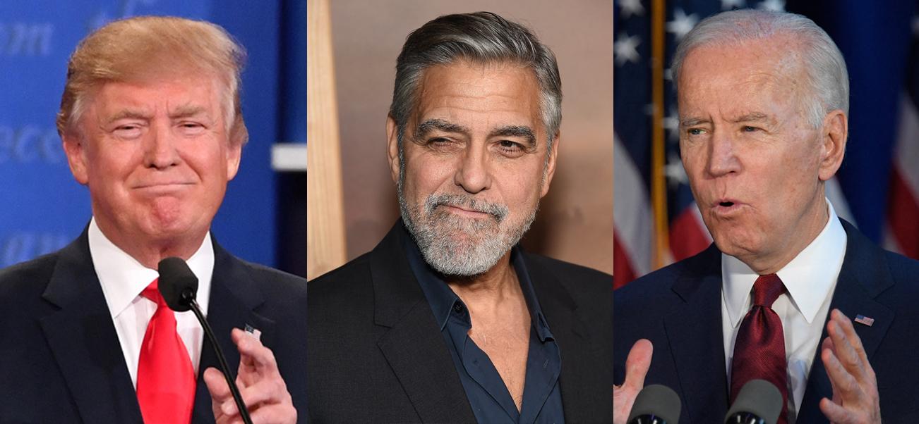 A collage of Donald Trump together with George Clooney and President Joe Biden