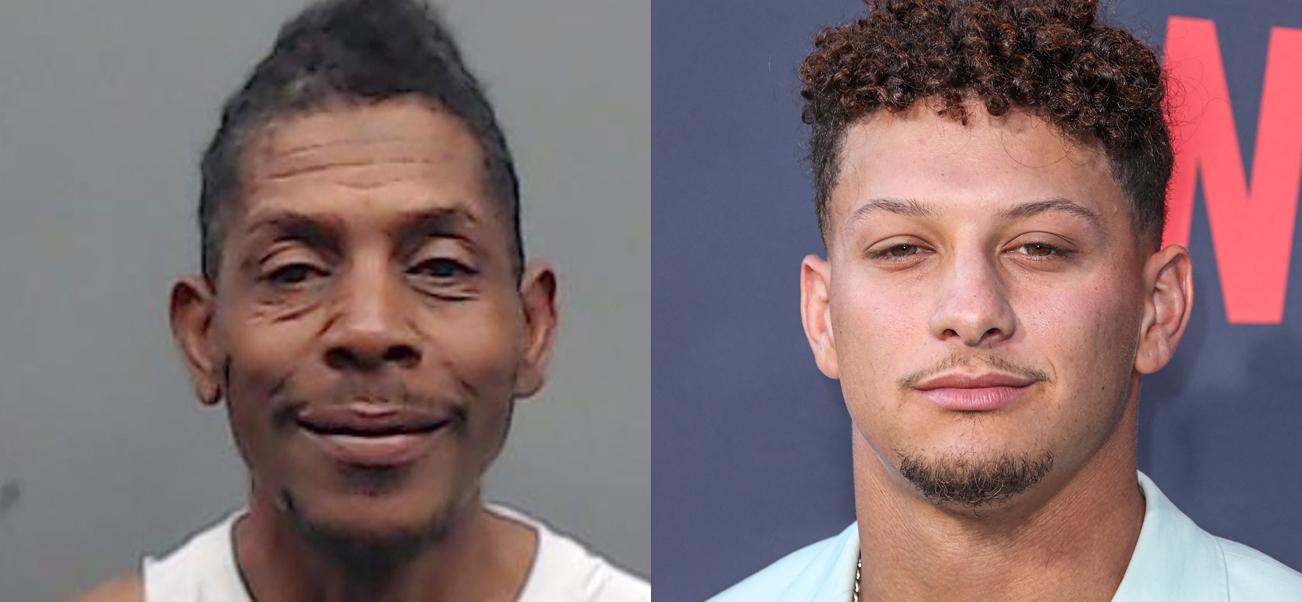 A collage of Patrick Mahomes' father's mugshot and the NFL star