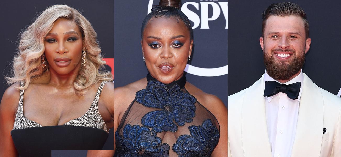 A collage of Serena Williams with Quinta Brunson and Harrison Butker smiling on ESPY red carpet