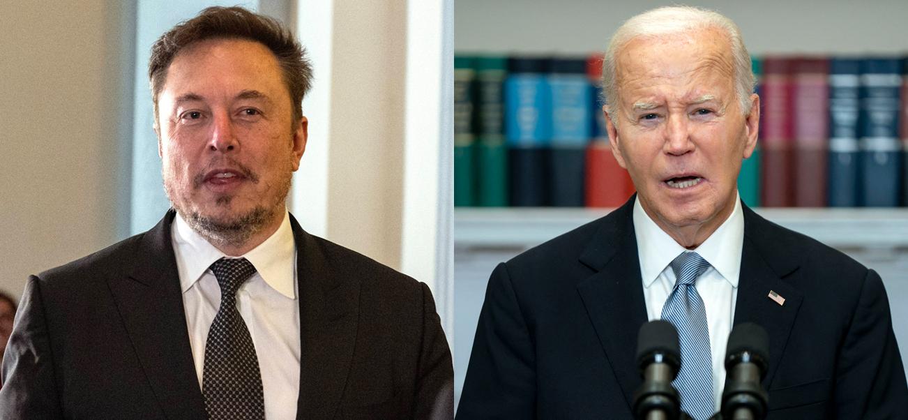 A collage of Twitter owner Elon Musk and President Joe Biden speaking