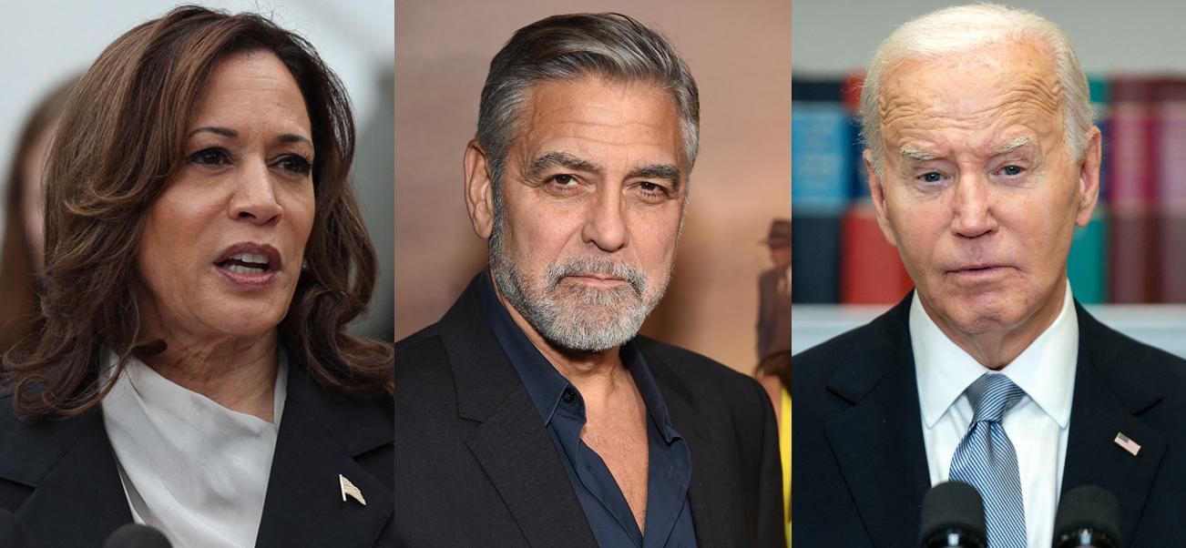 A collage of Kamala Harris with George Clooney and Joe Biden